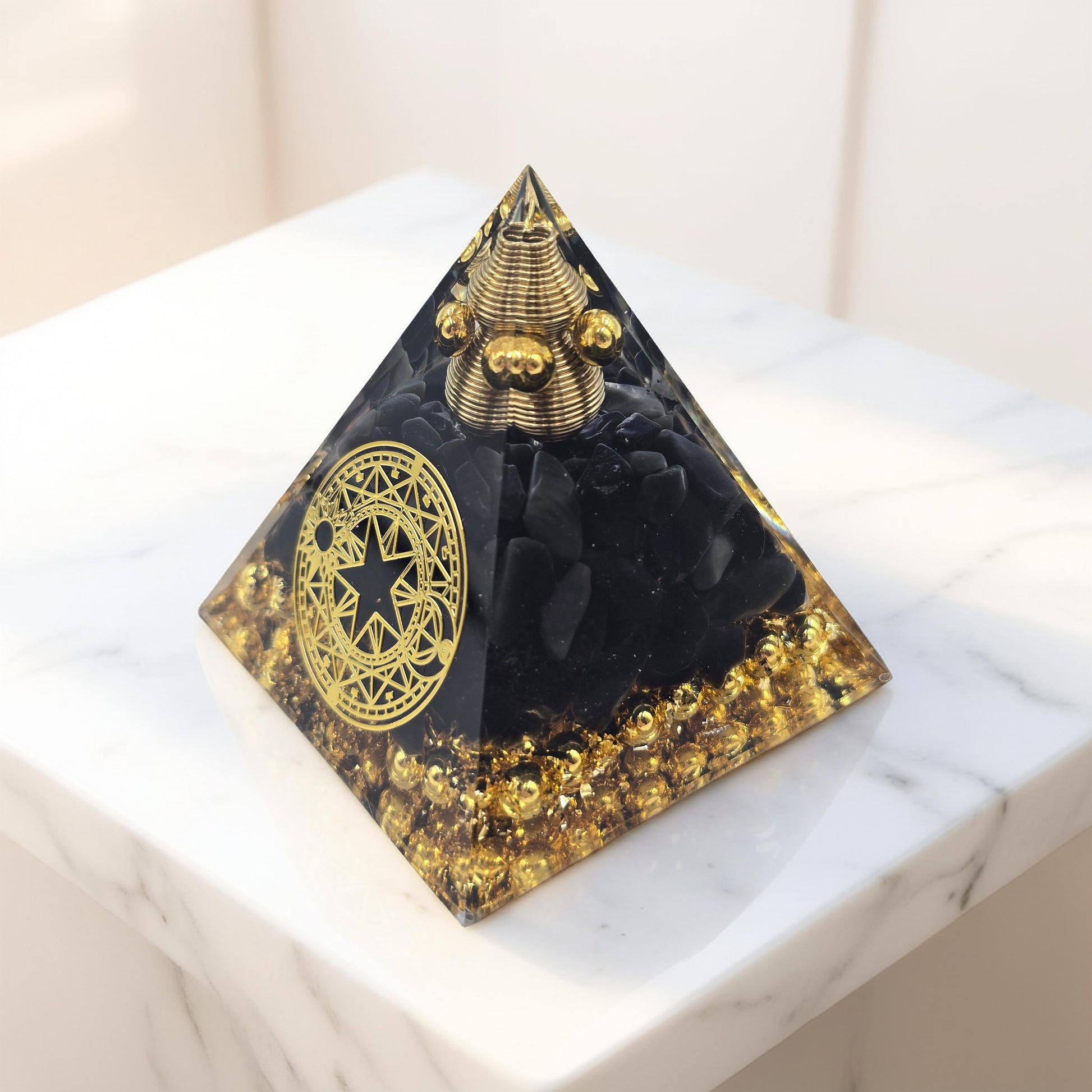 Orgonite Cercle Magique Obsidienne & Paillettes Or - Protection