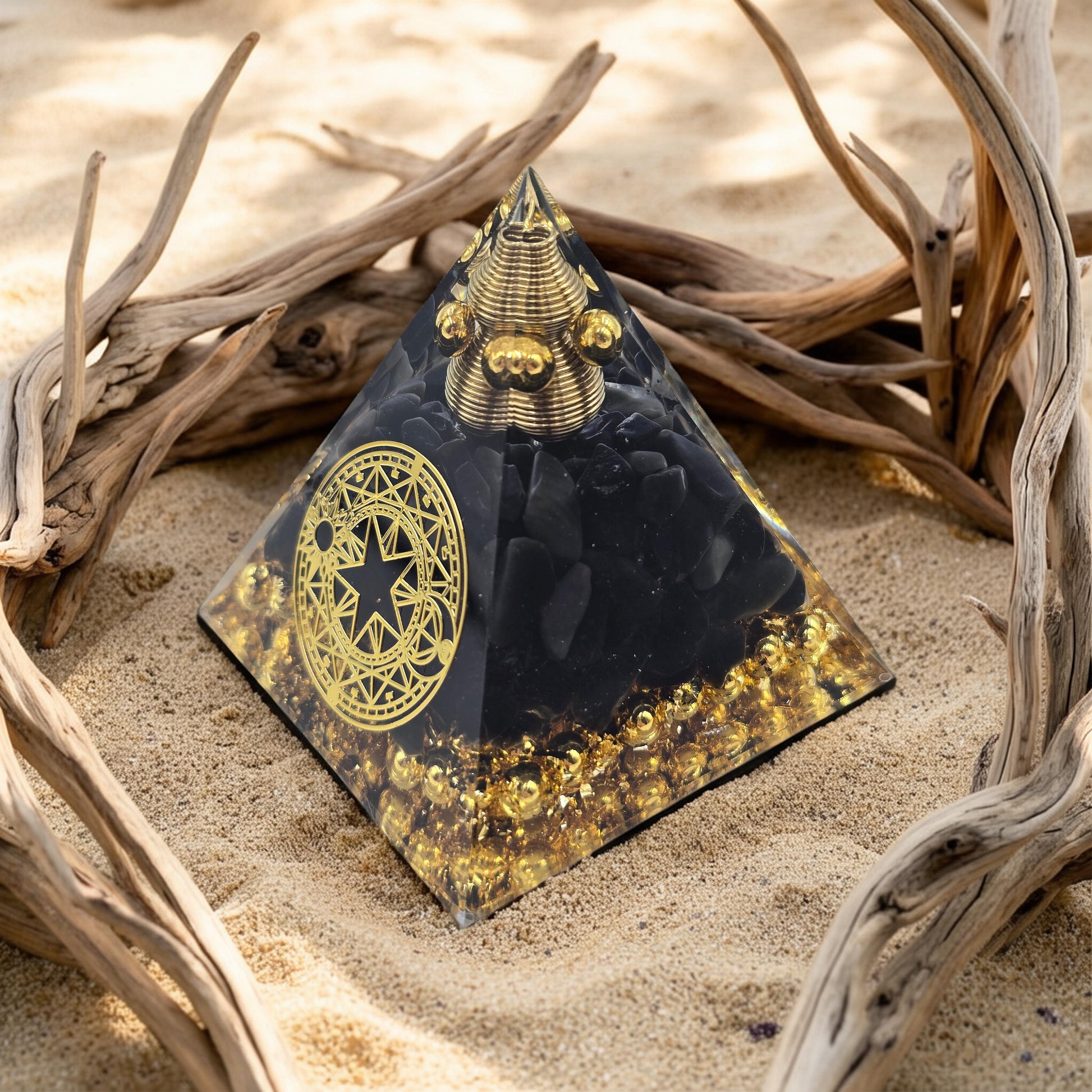 Orgonite Cercle Magique Obsidienne & Paillettes Or - Protection