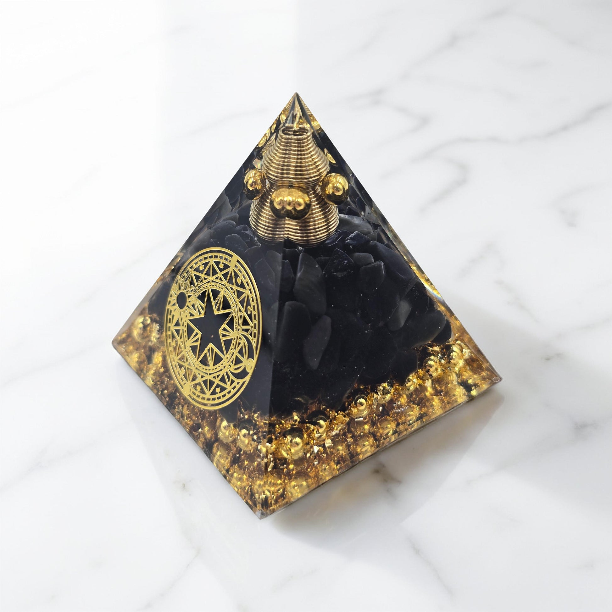 Orgonite Cercle Magique Obsidienne & Paillettes Or - Protection