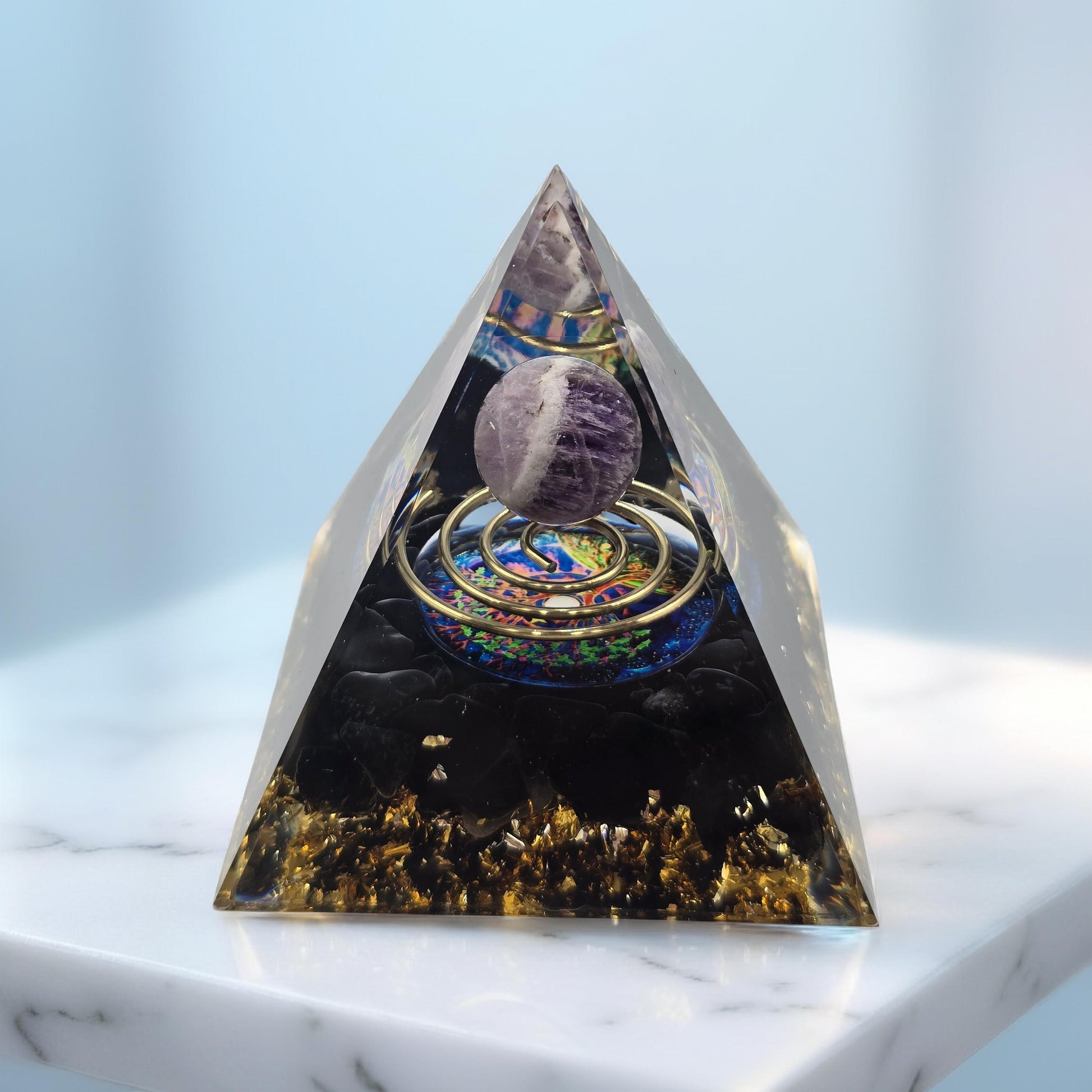 Orgonite Arbre de Vie Spirale Améthyste & Obsidienne - Protection Spirituelle
