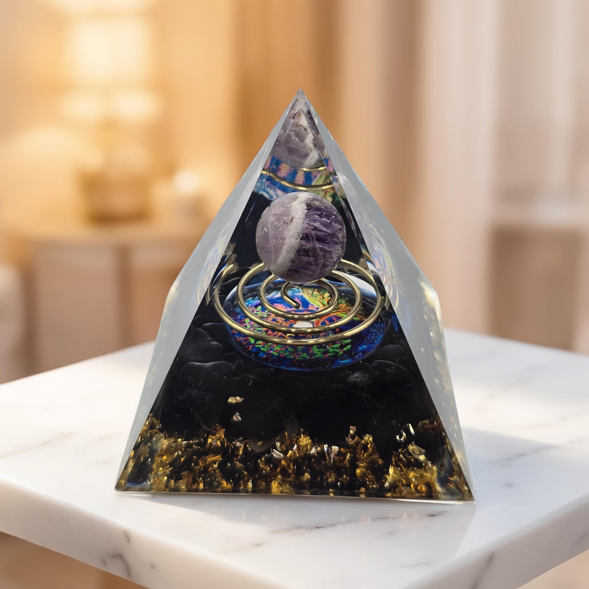 Orgonite Arbre de Vie avec spirale, Améthyste et Obsidienne. Ancrage, protection spirituelle, transformation. Protection EMF. Pièce artisanale unique.