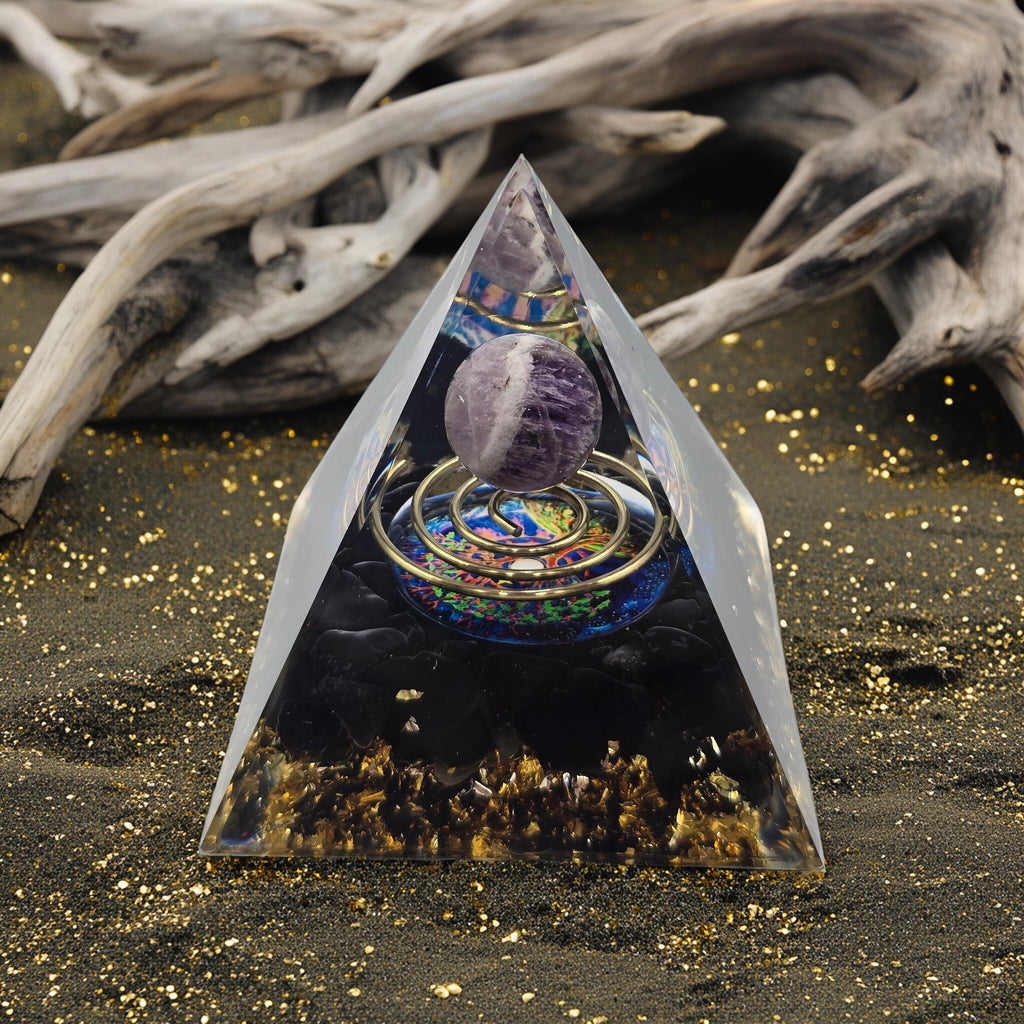 Orgonite Arbre de Vie Spirale Améthyste & Obsidienne - Protection Spirituelle