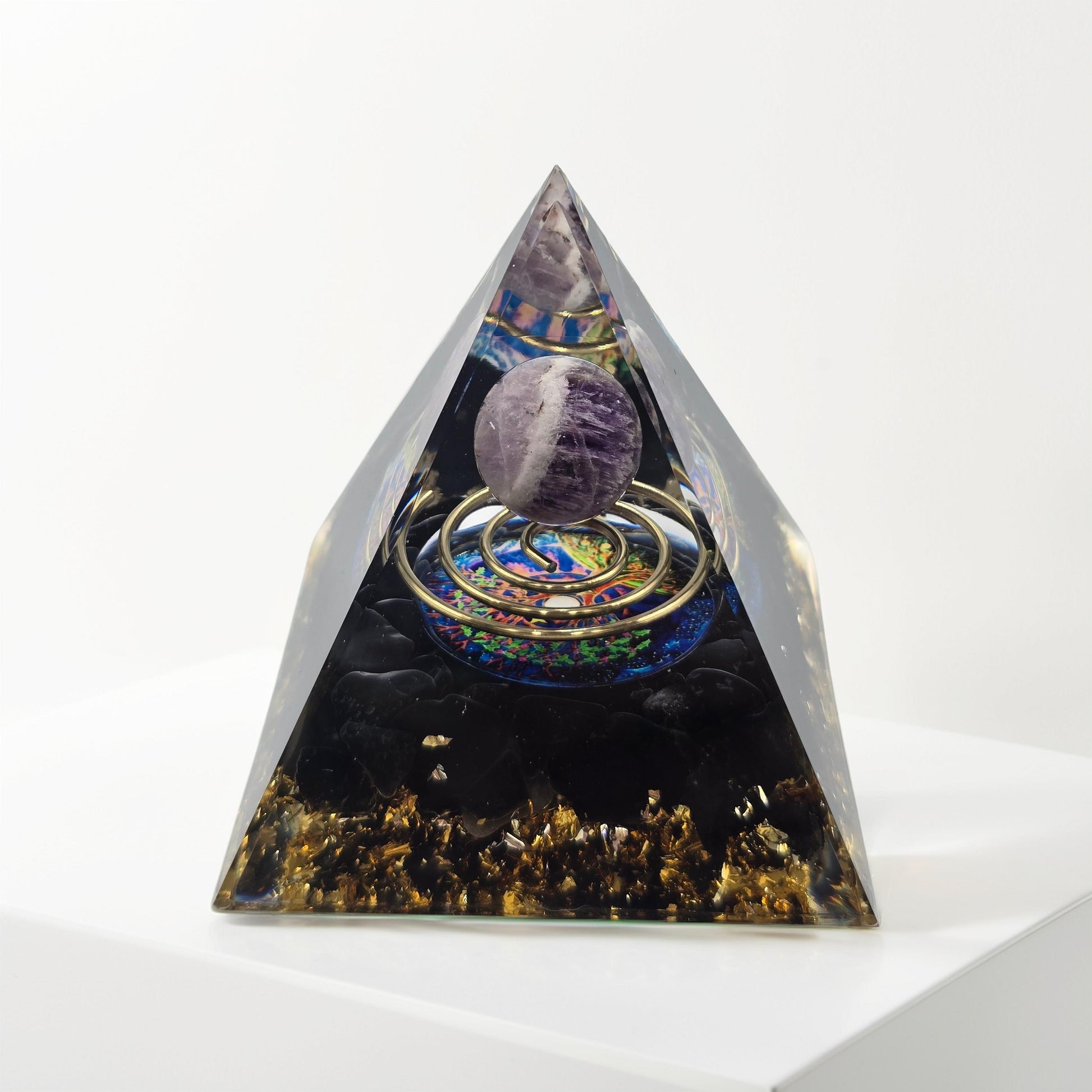 Orgonite Arbre de Vie Spirale Améthyste & Obsidienne - Protection Spirituelle