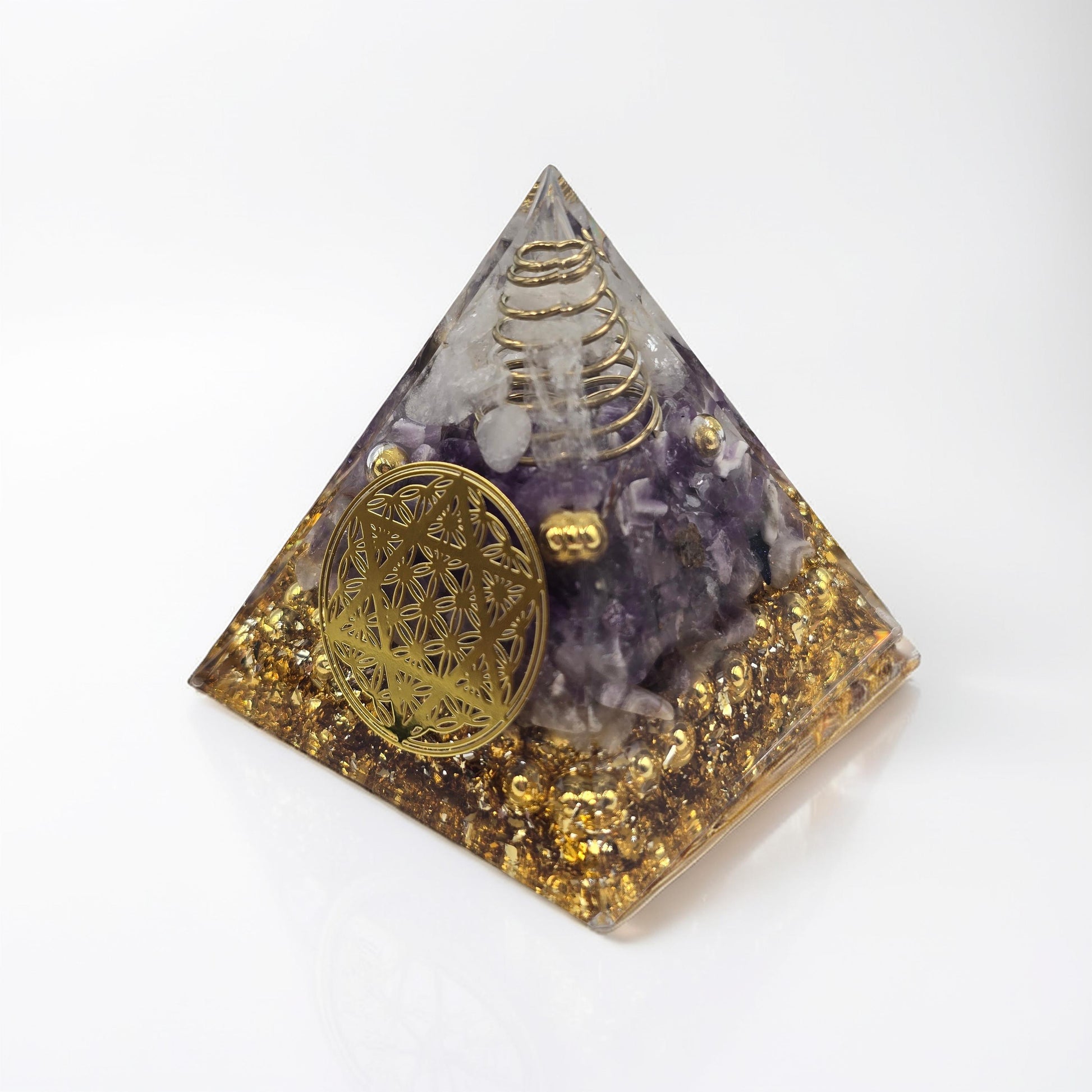Orgonite Fleur de Vie Étoile Cristal de Roche & Améthyste - Paillettes Or