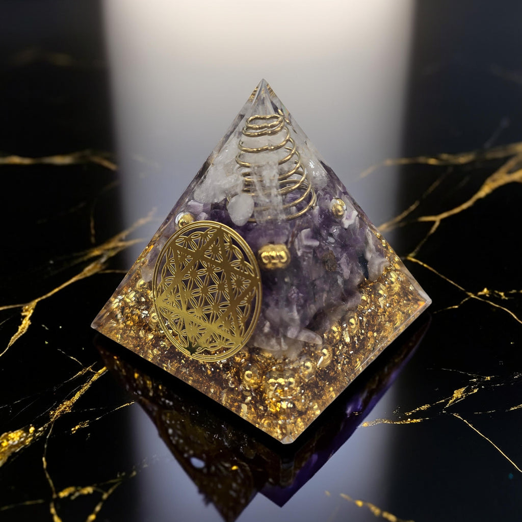 Orgonite Fleur de Vie Étoile Cristal de Roche & Améthyste - Paillettes Or