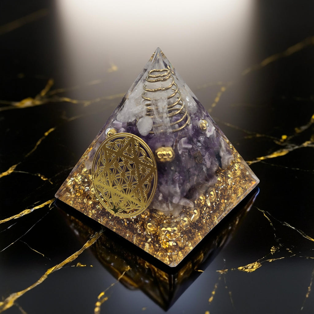 Orgonite Fleur de Vie Étoile Cristal de Roche & Améthyste - Paillettes Or