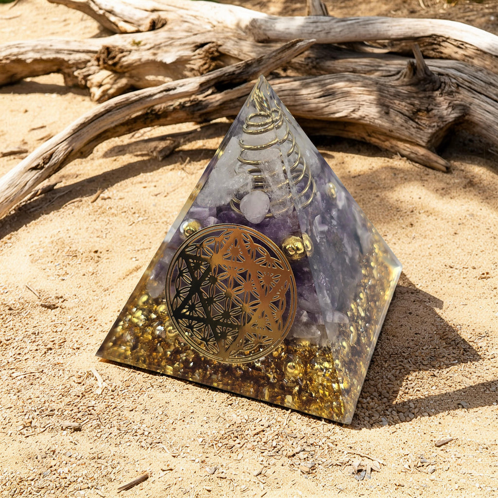 Orgonite Fleur de Vie Étoile Cristal de Roche & Améthyste - Paillettes Or