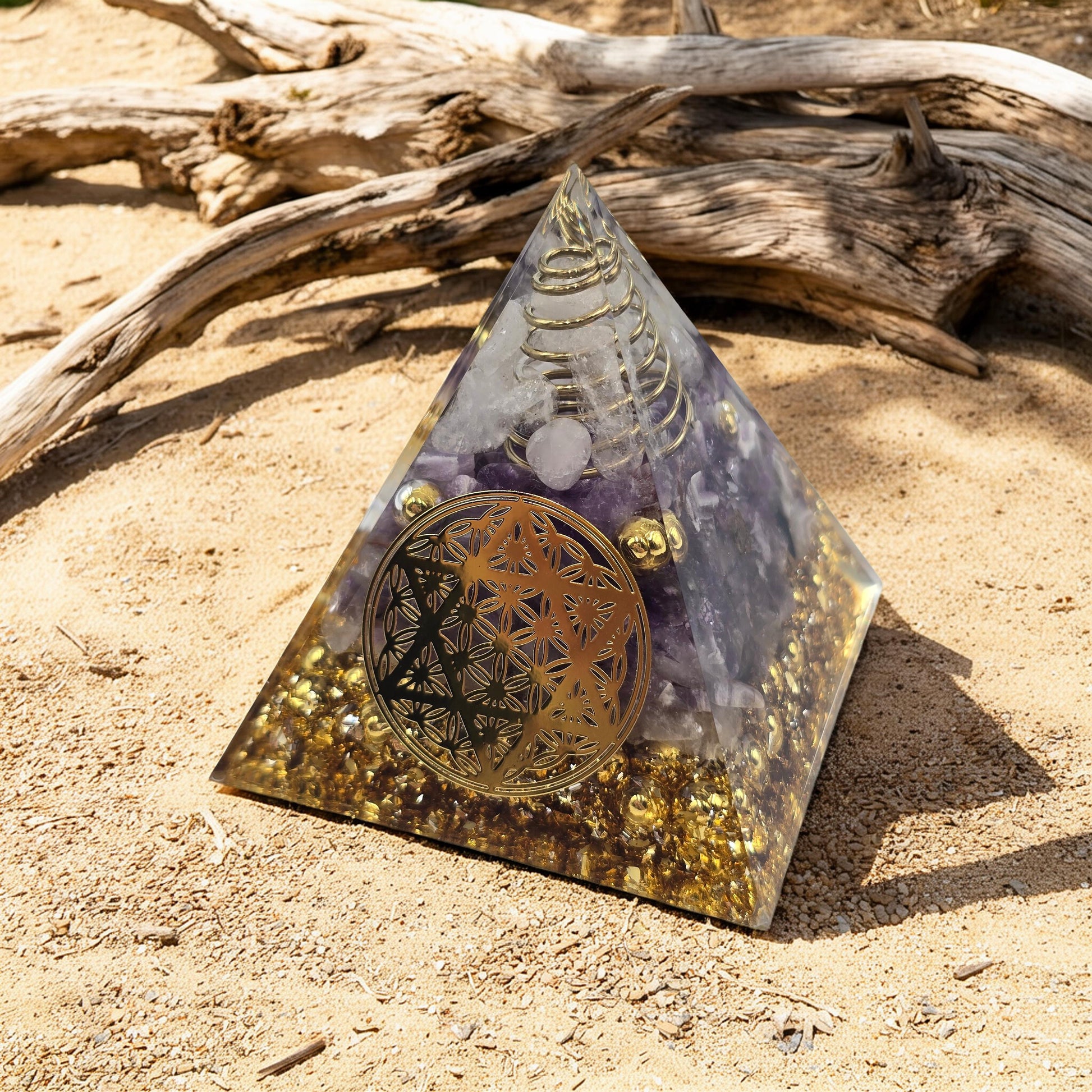 Orgonite Fleur de Vie Étoile Cristal de Roche & Améthyste - Paillettes Or