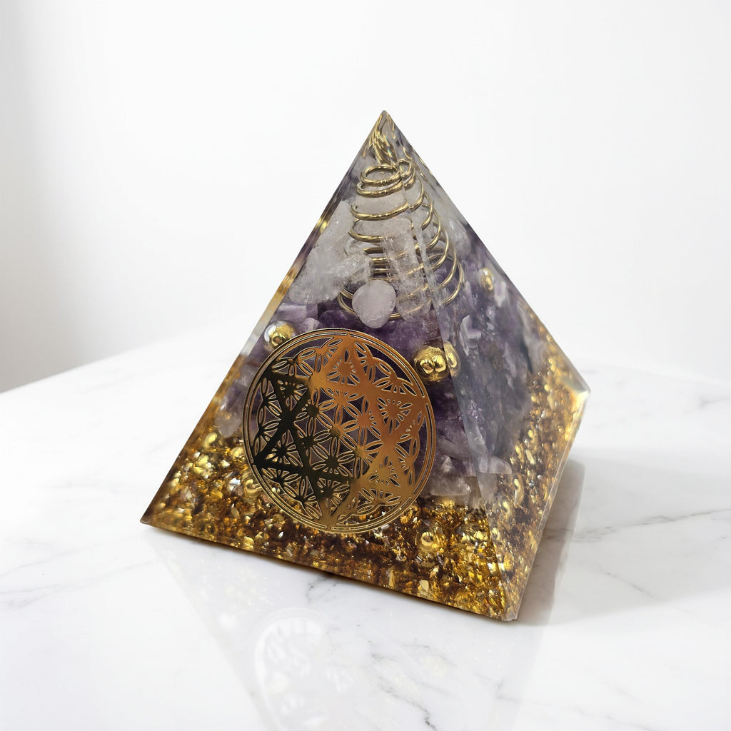 Orgonite Fleur de Vie Étoile Cristal de Roche & Améthyste - Paillettes Or