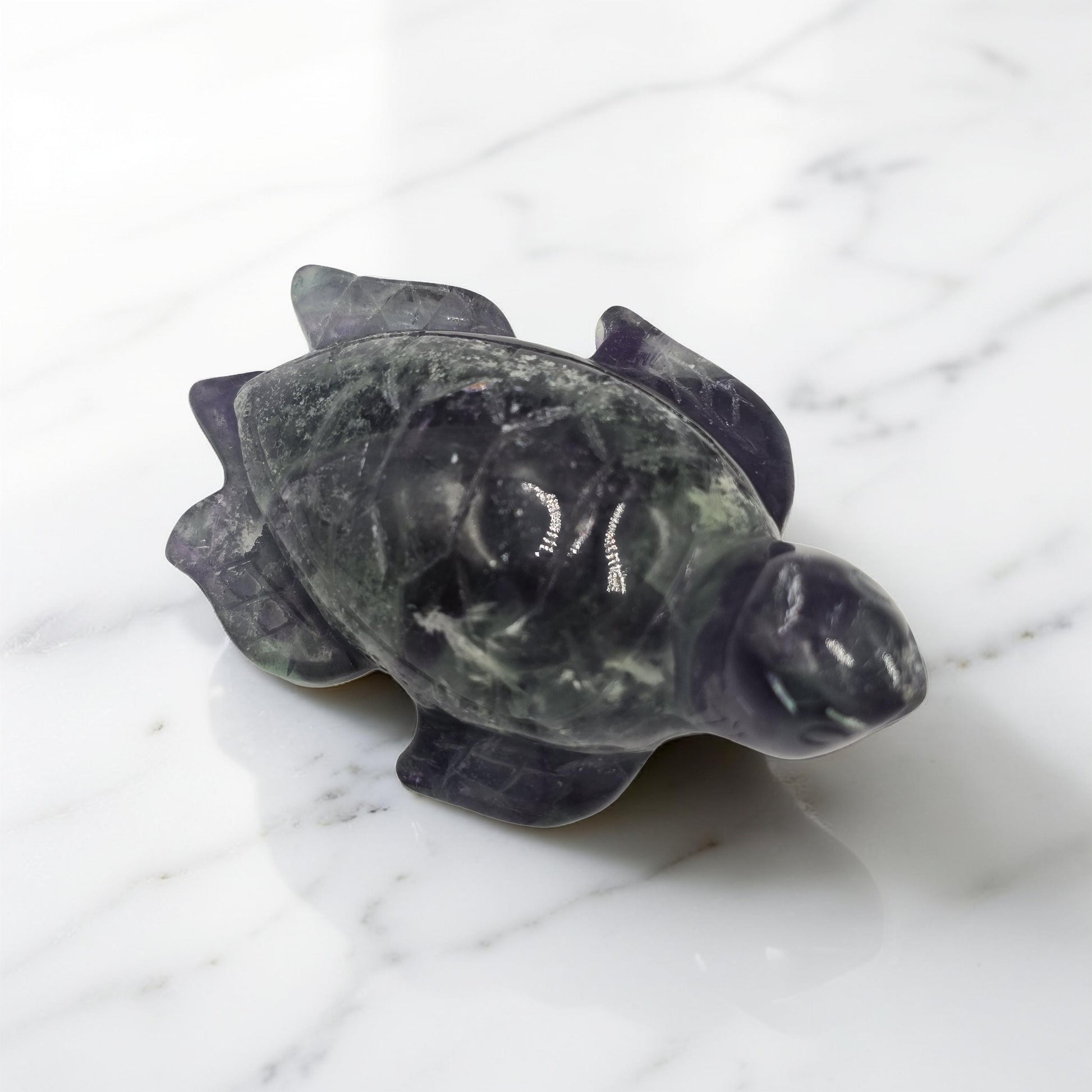 Tortue sculptée 80mm Fluorine Rainbow qualité extra. Longévité, sagesse, protection. Transparence exceptionnelle. Pièce de collection rare.