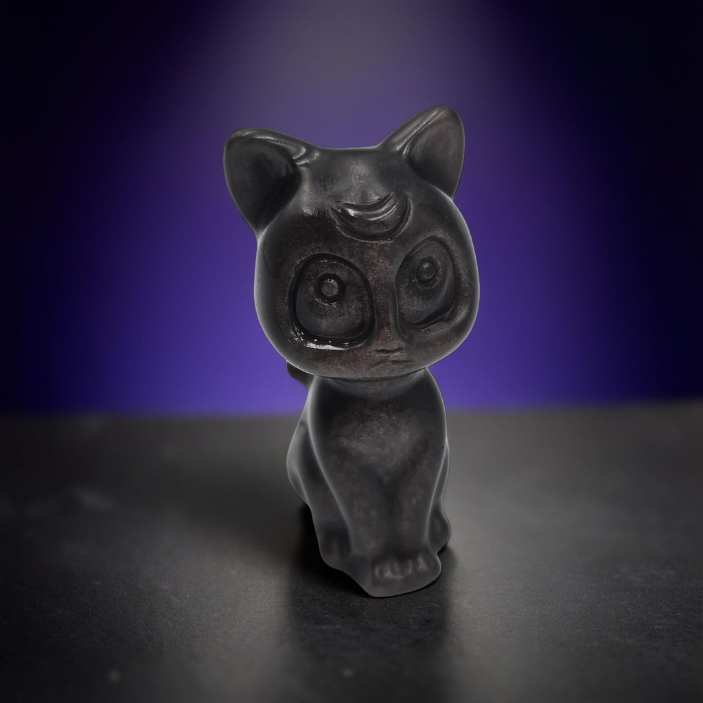 Chat Obsidienne Argentée 60mm - Protection & Mystère