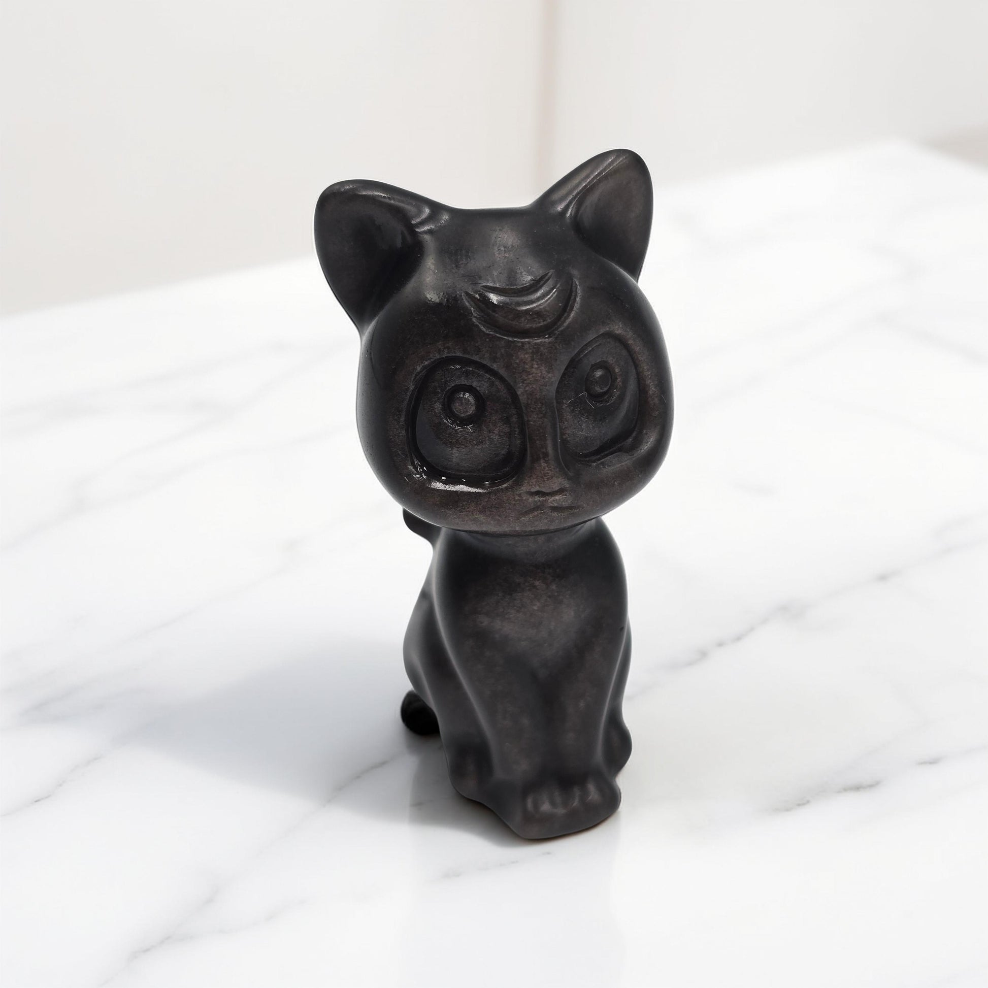 Chat Obsidienne Argentée 60mm - Protection & Mystère