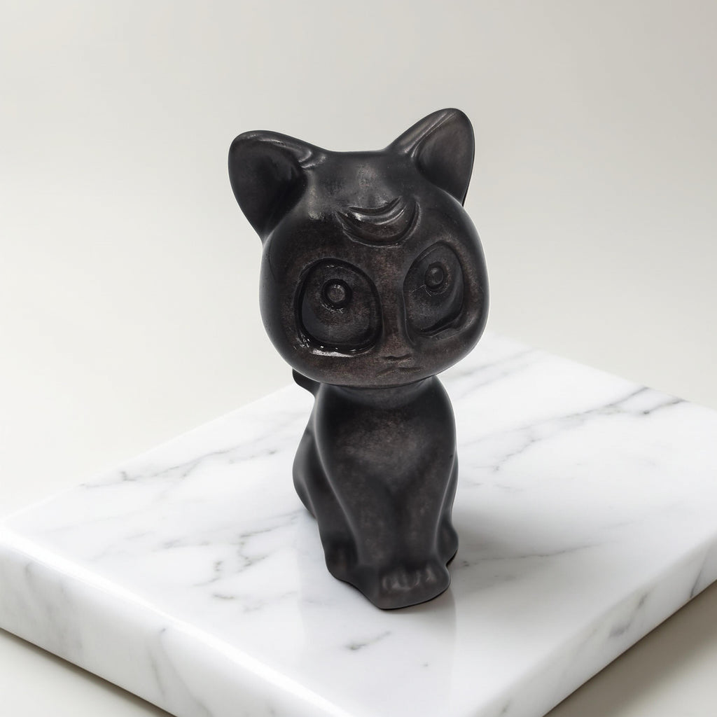 Chat Obsidienne Argentée 60mm - Protection & Mystère