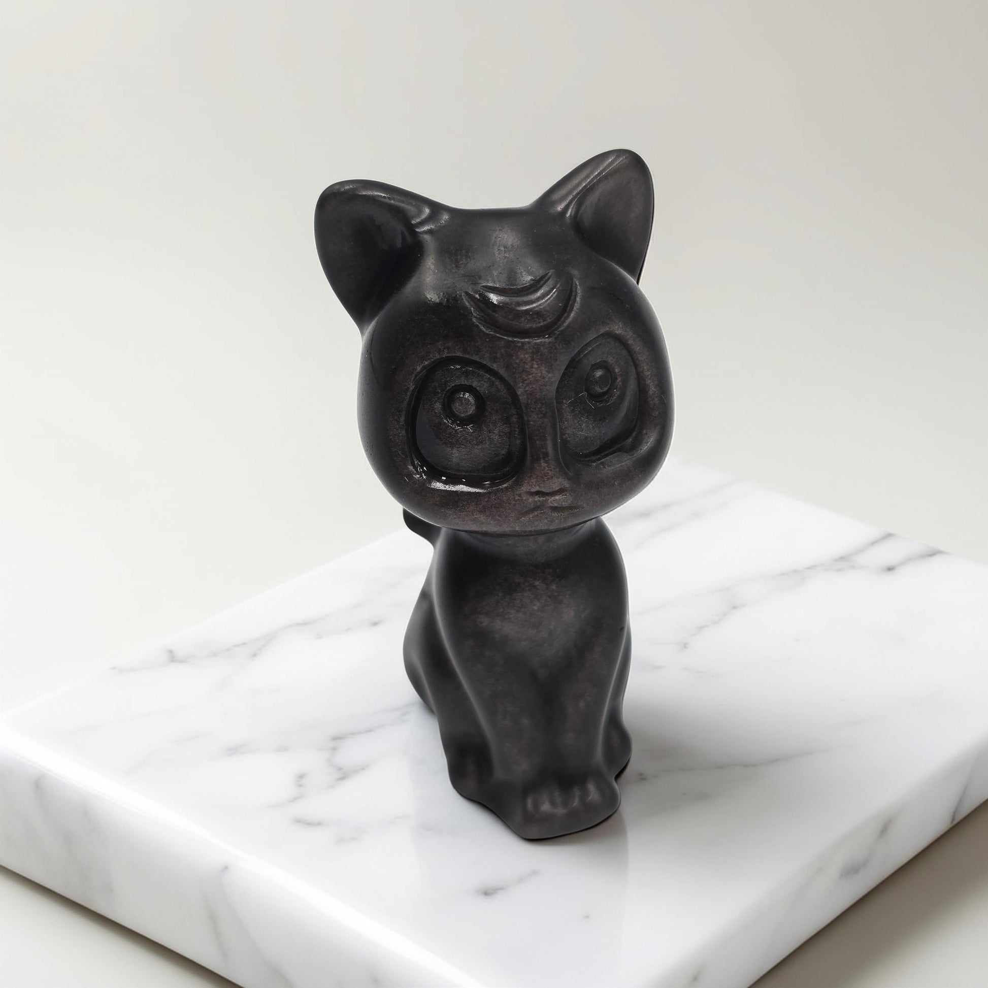Chat Obsidienne Argentée 60mm - Protection & Mystère