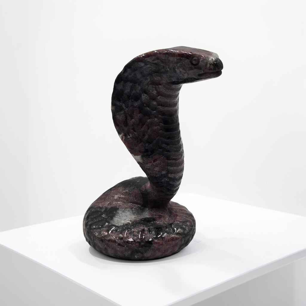 Cobra sculpté 110mm Grenat Rouge sur Astrophyllite rare. Transformation, kundalini, éveil spirituel. Vitalité, connexion cosmique. Pièce exceptionnelle.
