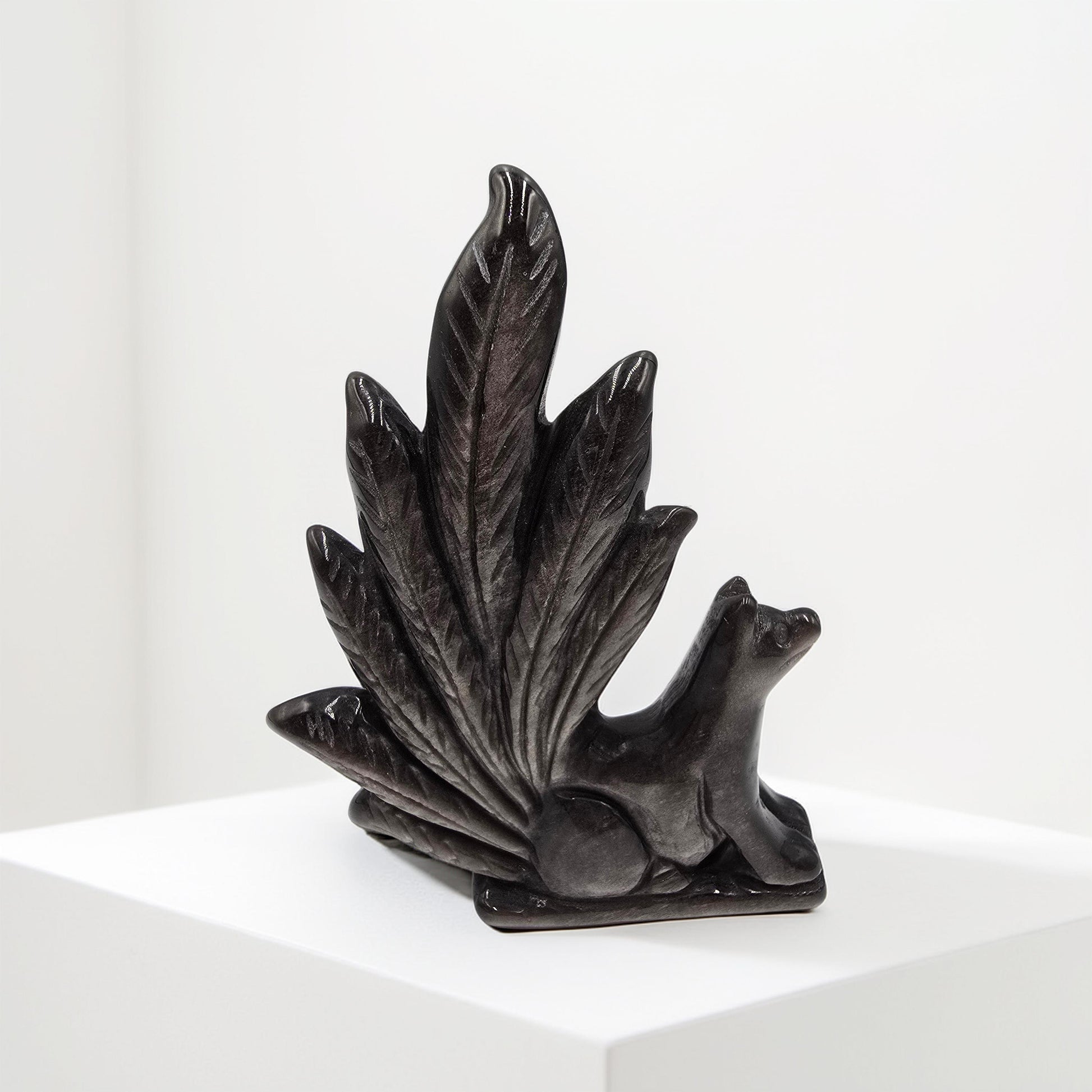 Renard Obsidienne Argentée 130mm - Ruse & Intuition - Pièce Unique