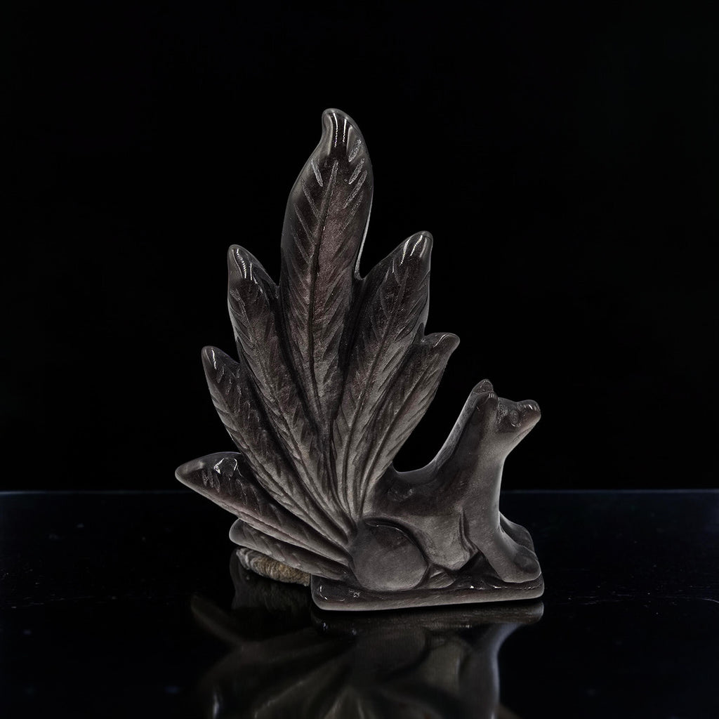Renard Obsidienne Argentée 130mm - Ruse & Intuition - Pièce Unique