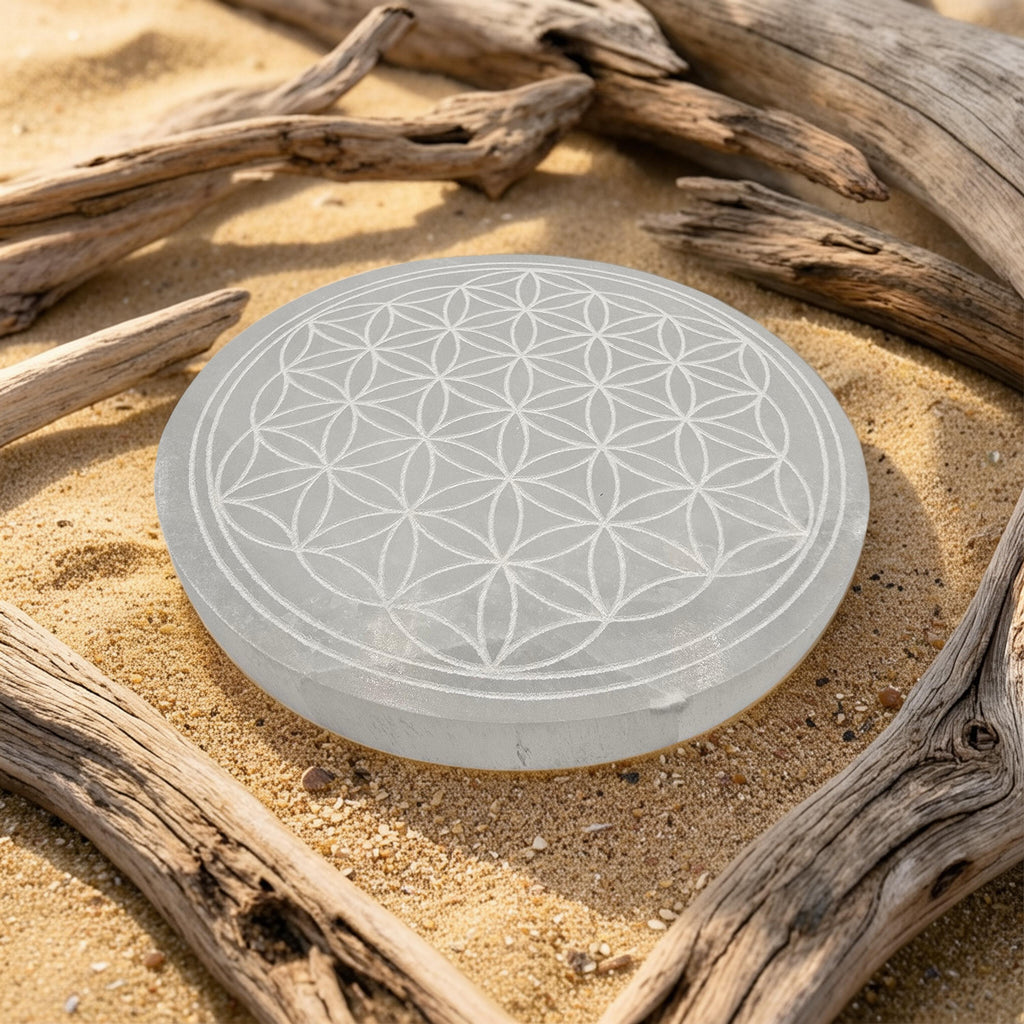 Plaque Sélénite Fleur de Vie 140mm - Purification & Rechargement