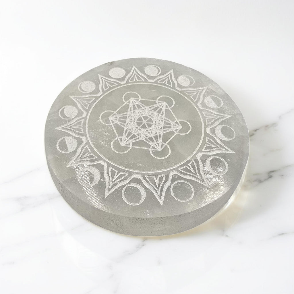 Plaque Sélénite 80mm Géométrie Sacrée - Purification