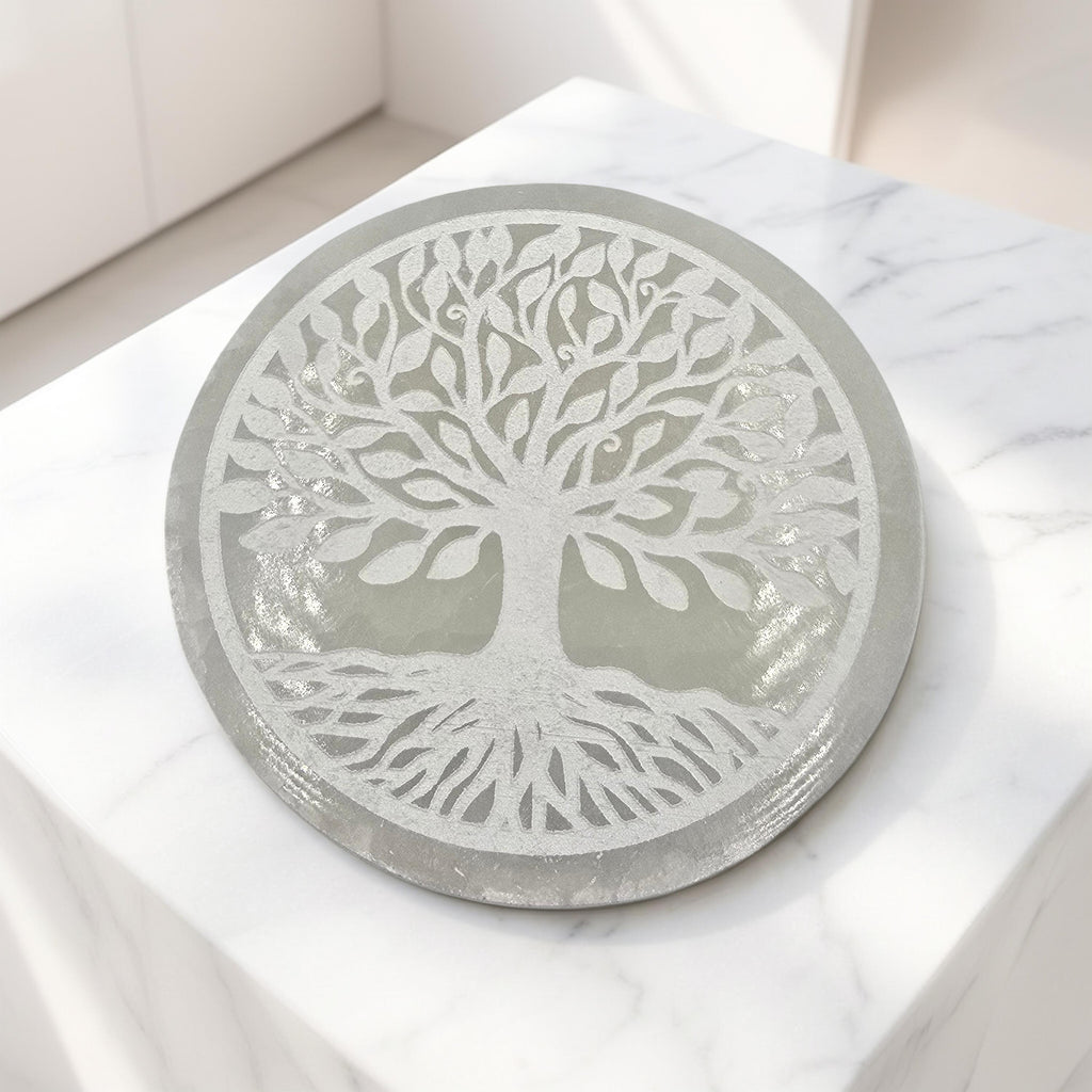 Plaque Sélénite 80mm avec Fleur de Vie, Arbre de Vie ou Metatron. Purification et rechargement des pierres. Géométrie sacrée. Format compact.Plaque Sélénite 80mm avec Fleur de Vie, Arbre de Vie ou Metatron. Purification et rechargement des pierres. Géométrie sacrée. Format compact.