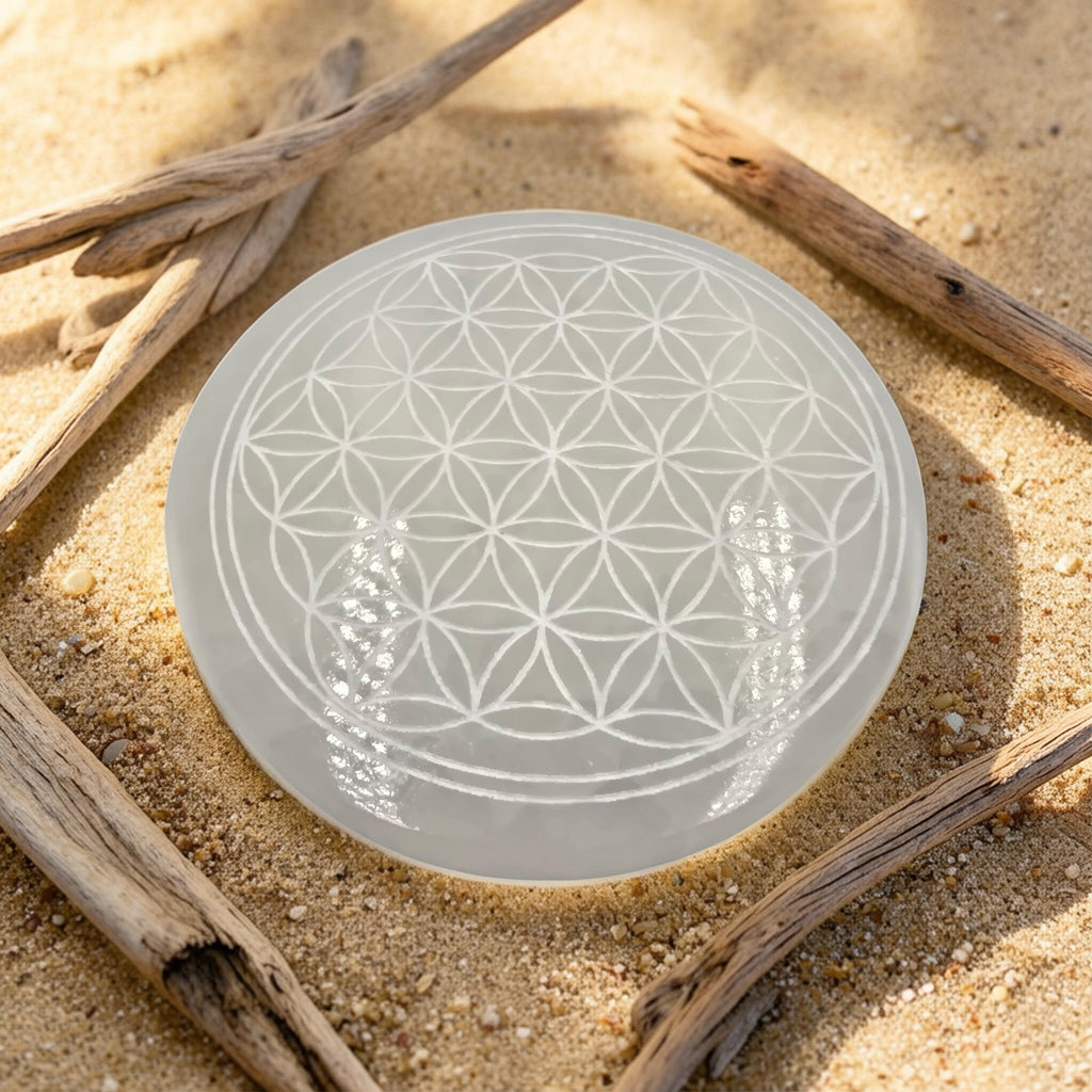 Plaque Sélénite 80mm Géométrie Sacrée - Purification
