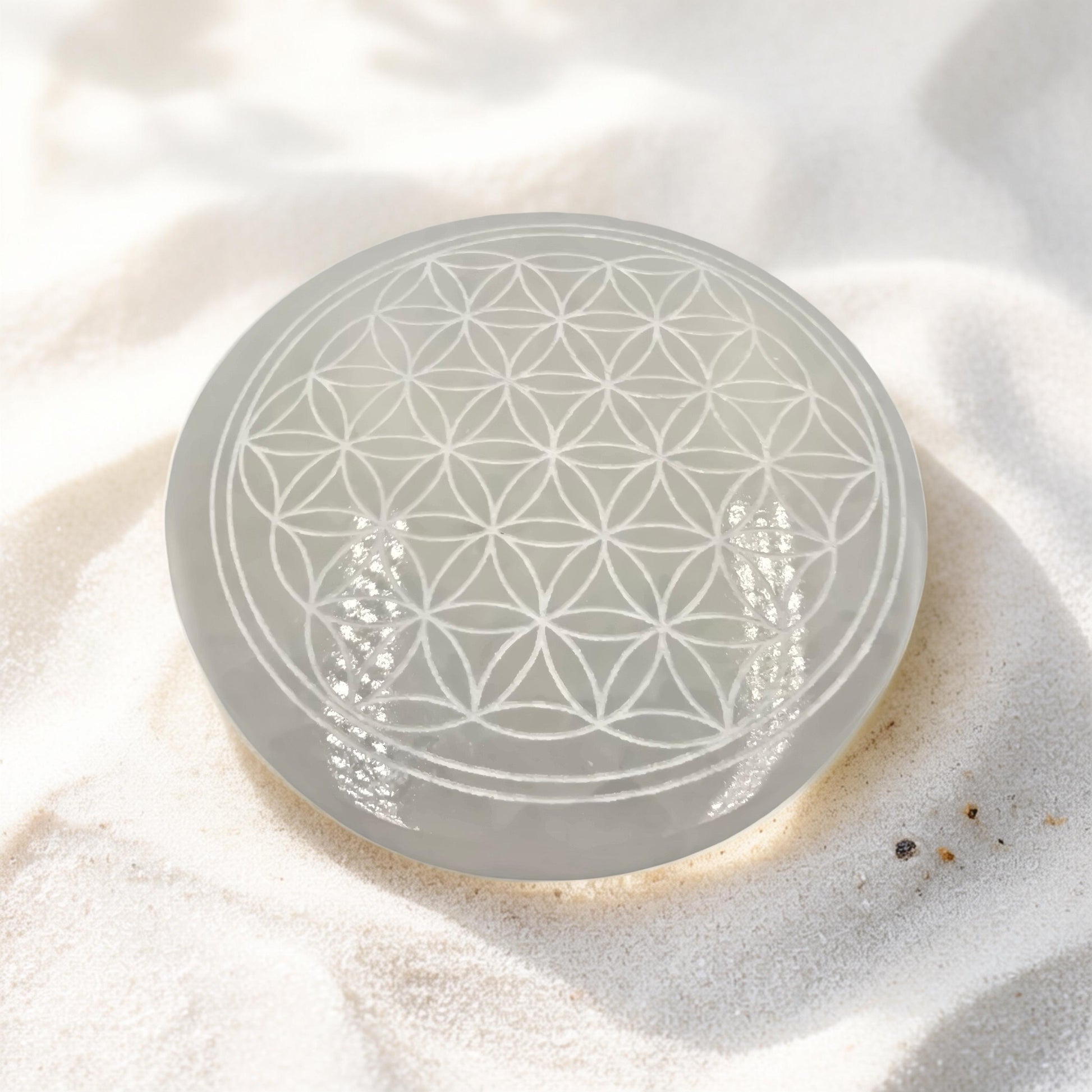 Plaque Sélénite 80mm Géométrie Sacrée - Purification