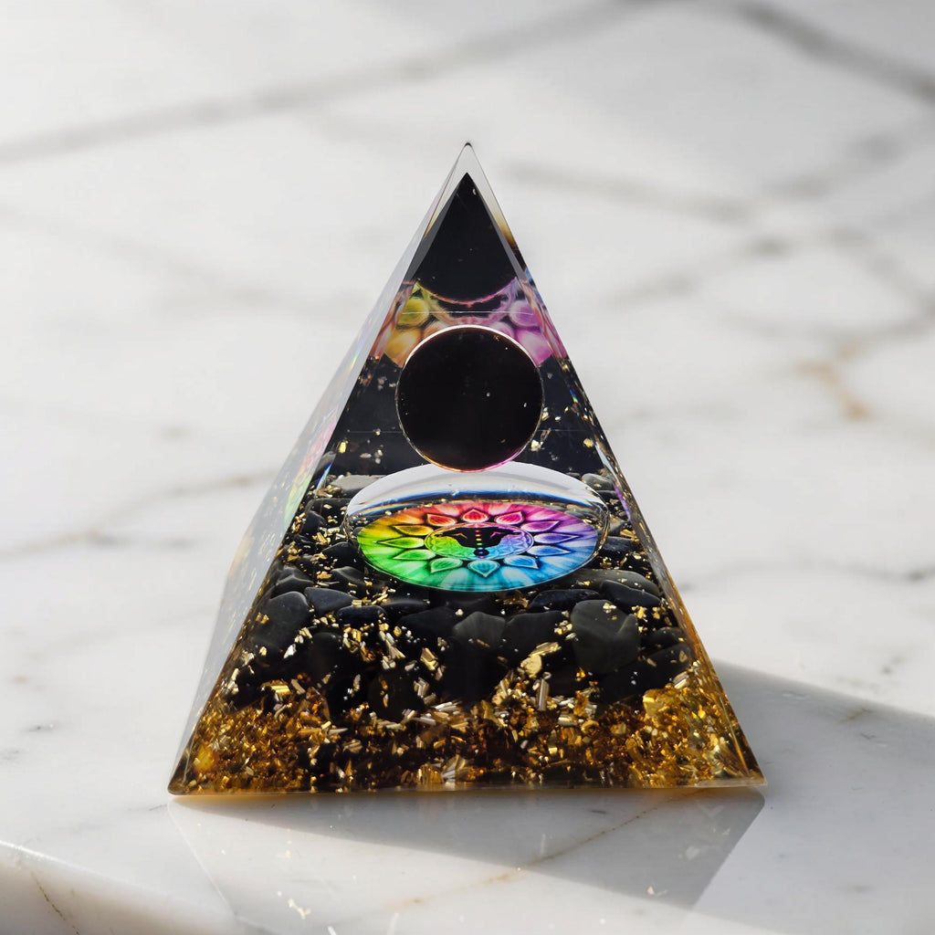 Orgonite Cube de Métatron Pailleté d'Or - Obsidienne Noire & Sphère