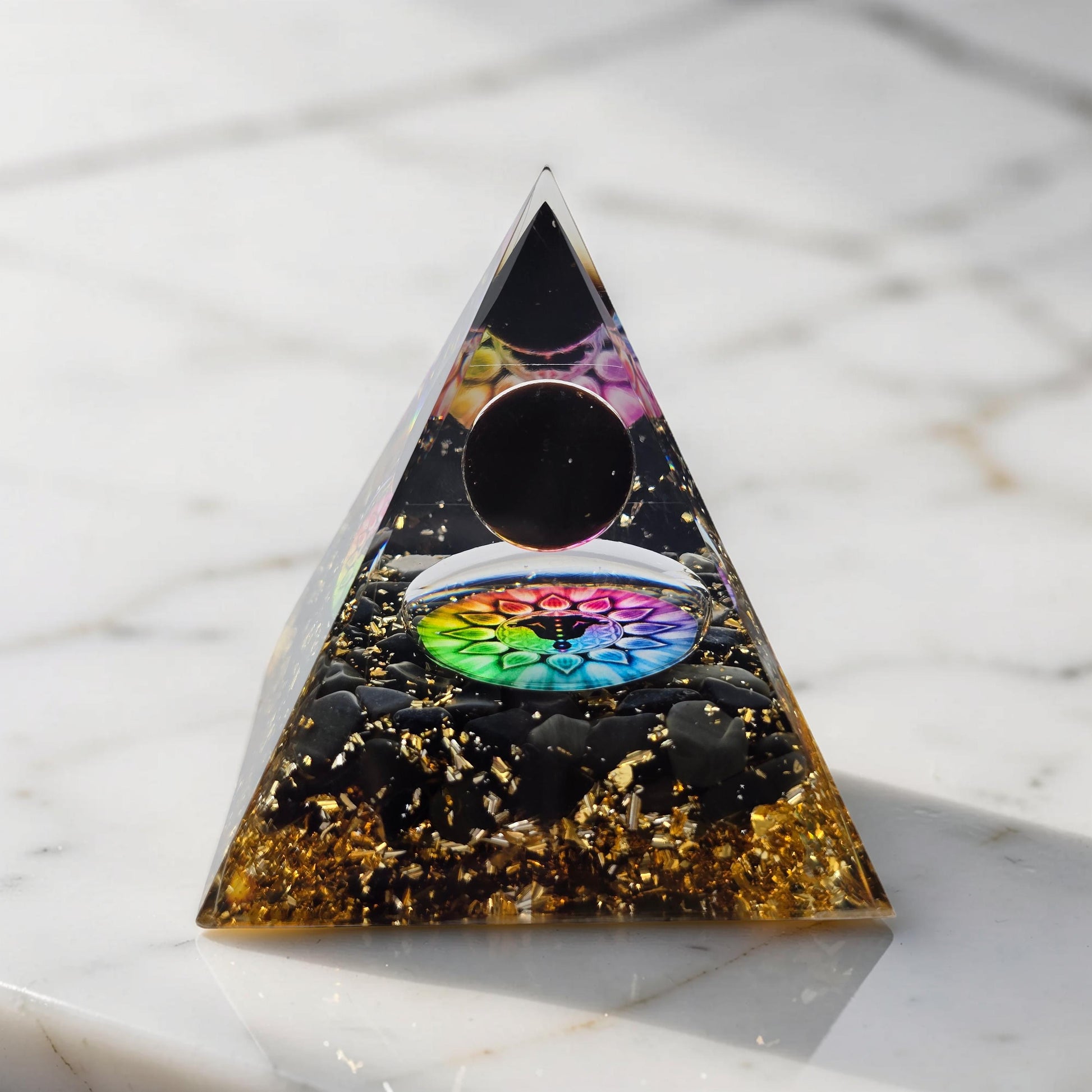 Orgonite Cube de Métatron Pailleté d'Or - Obsidienne Noire & Sphère