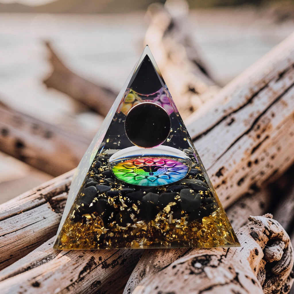 Orgonite Cube de Métatron Pailleté d'Or - Obsidienne Noire & Sphère