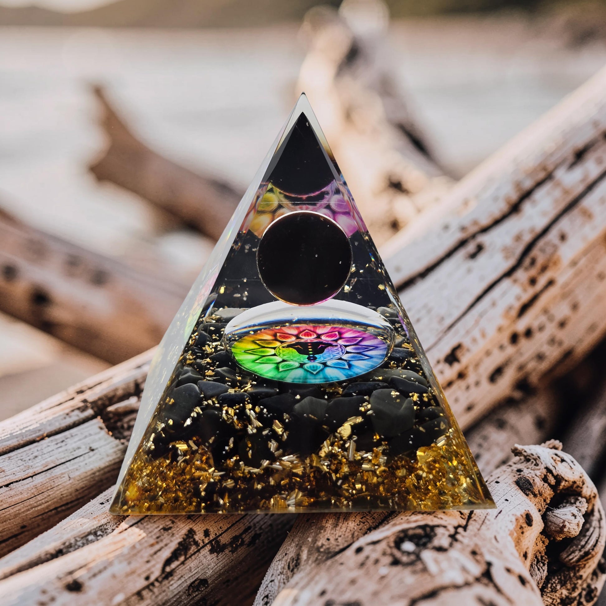 Orgonite Cube de Métatron Pailleté d'Or - Obsidienne Noire & Sphère