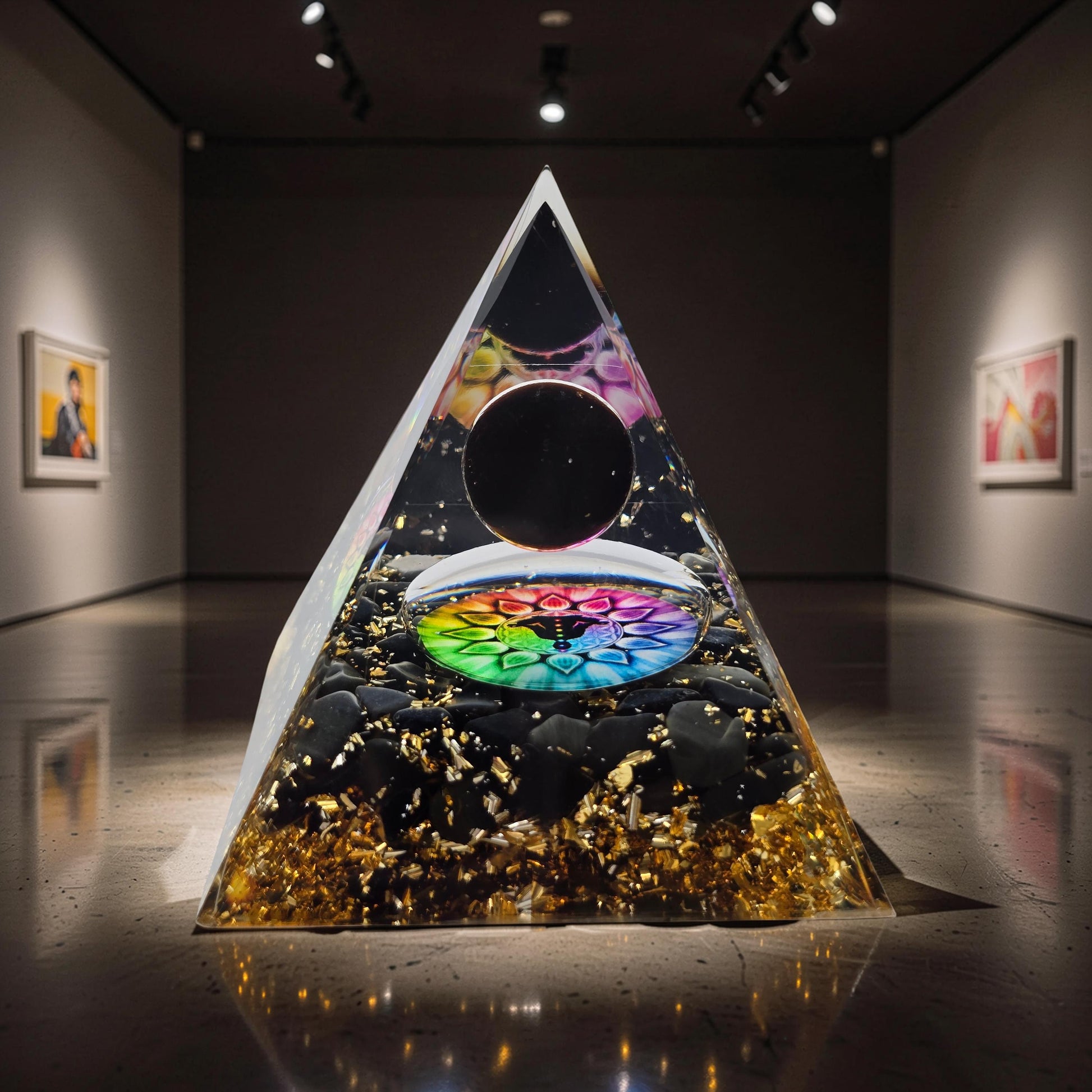 Orgonite Cube de Métatron Pailleté d'Or - Obsidienne Noire & Sphère