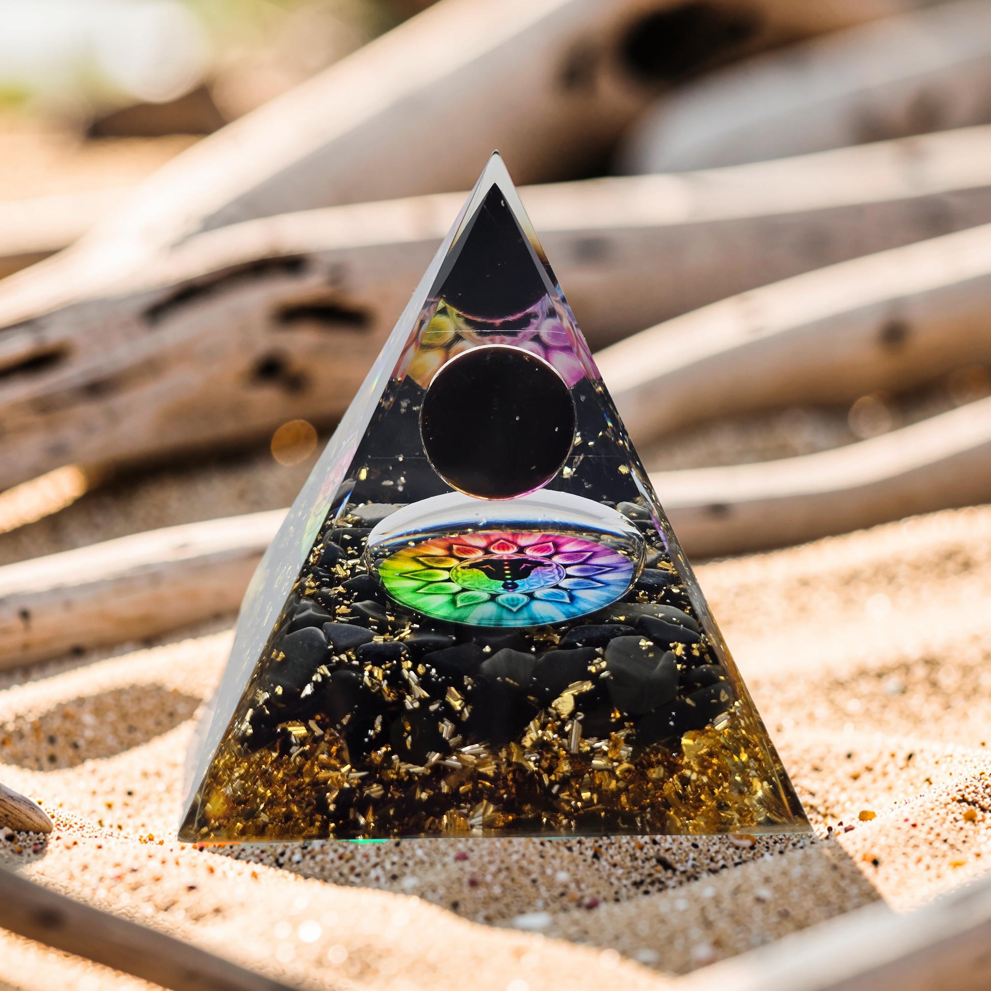 Orgonite Cube de Métatron Pailleté d'Or - Obsidienne Noire & Sphère