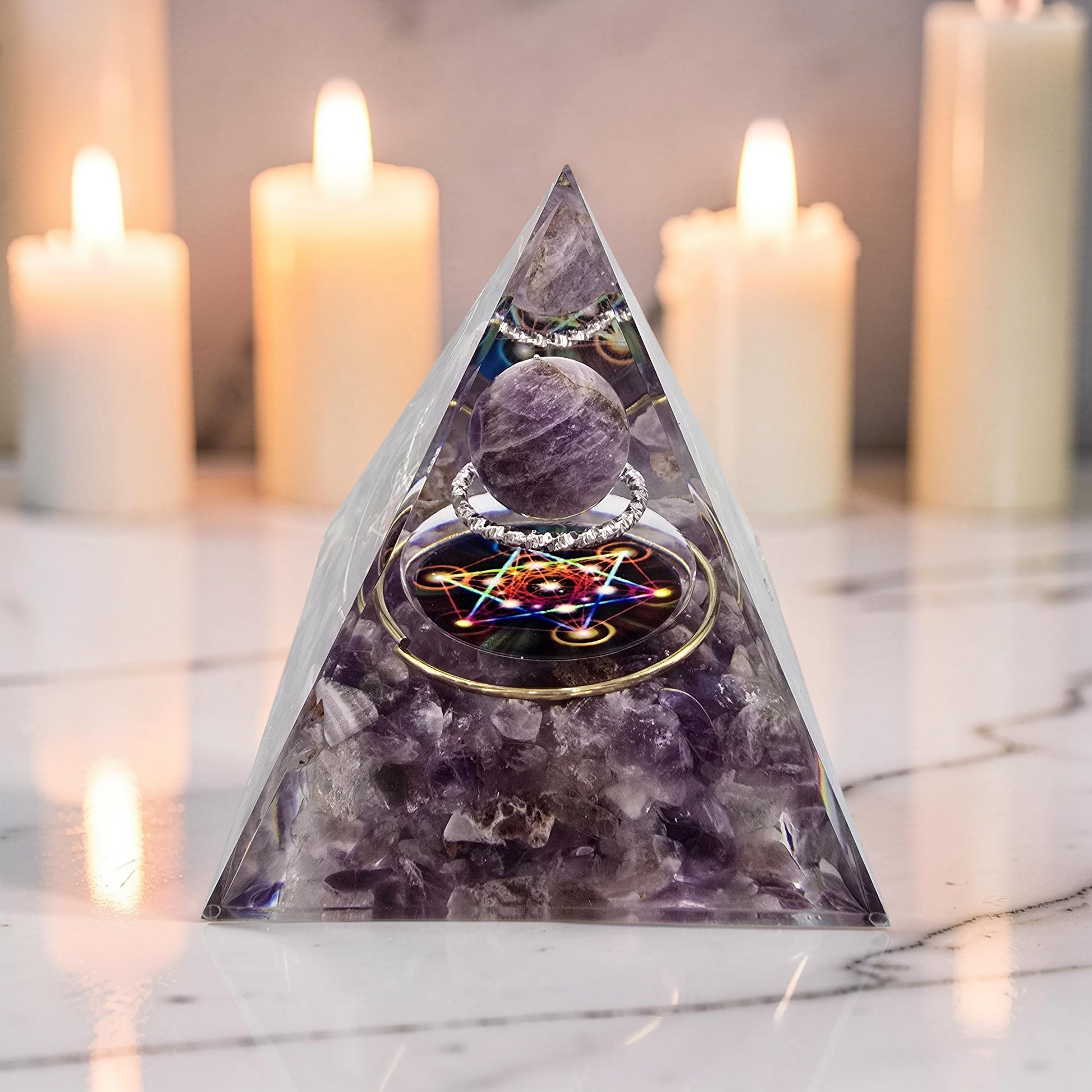 Orgonite Cube de Métatron Pailleté d'Or - Améthyste & Sphère Cristal