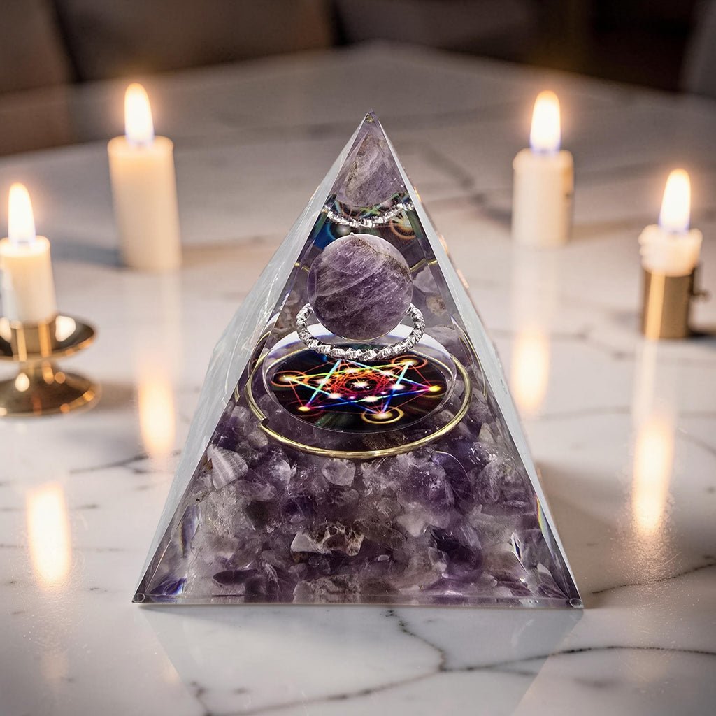 Orgonite Cube de Métatron Pailleté d'Or - Améthyste & Sphère Cristal