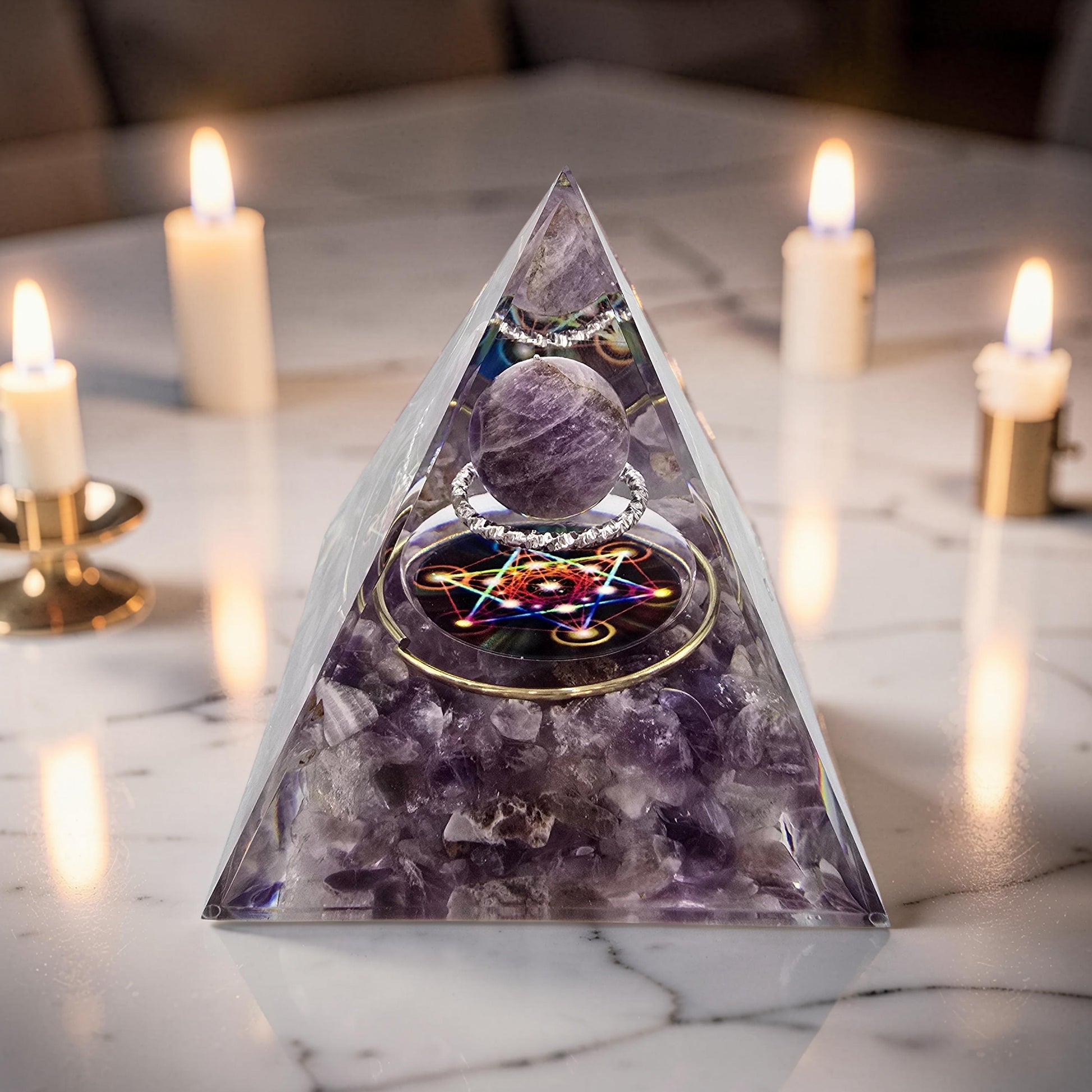 Orgonite Cube de Métatron Pailleté d'Or - Améthyste & Sphère Cristal