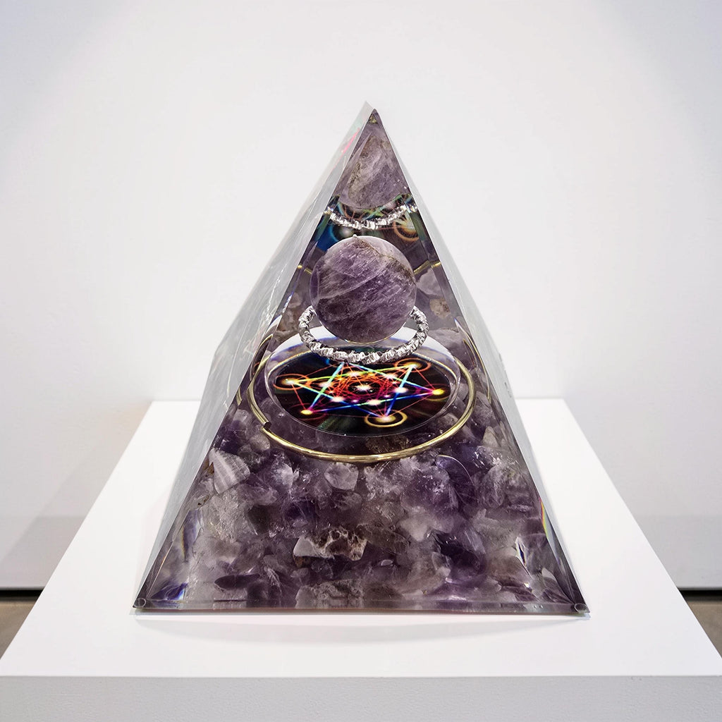 Orgonite Cube de Métatron Pailleté d'Or - Améthyste & Sphère Cristal