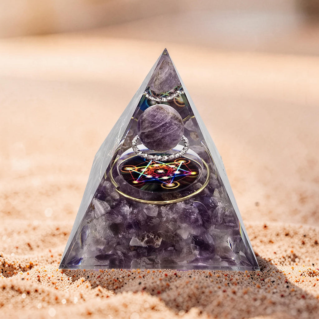 Orgonite Cube de Métatron Pailleté d'Or - Améthyste & Sphère Cristal