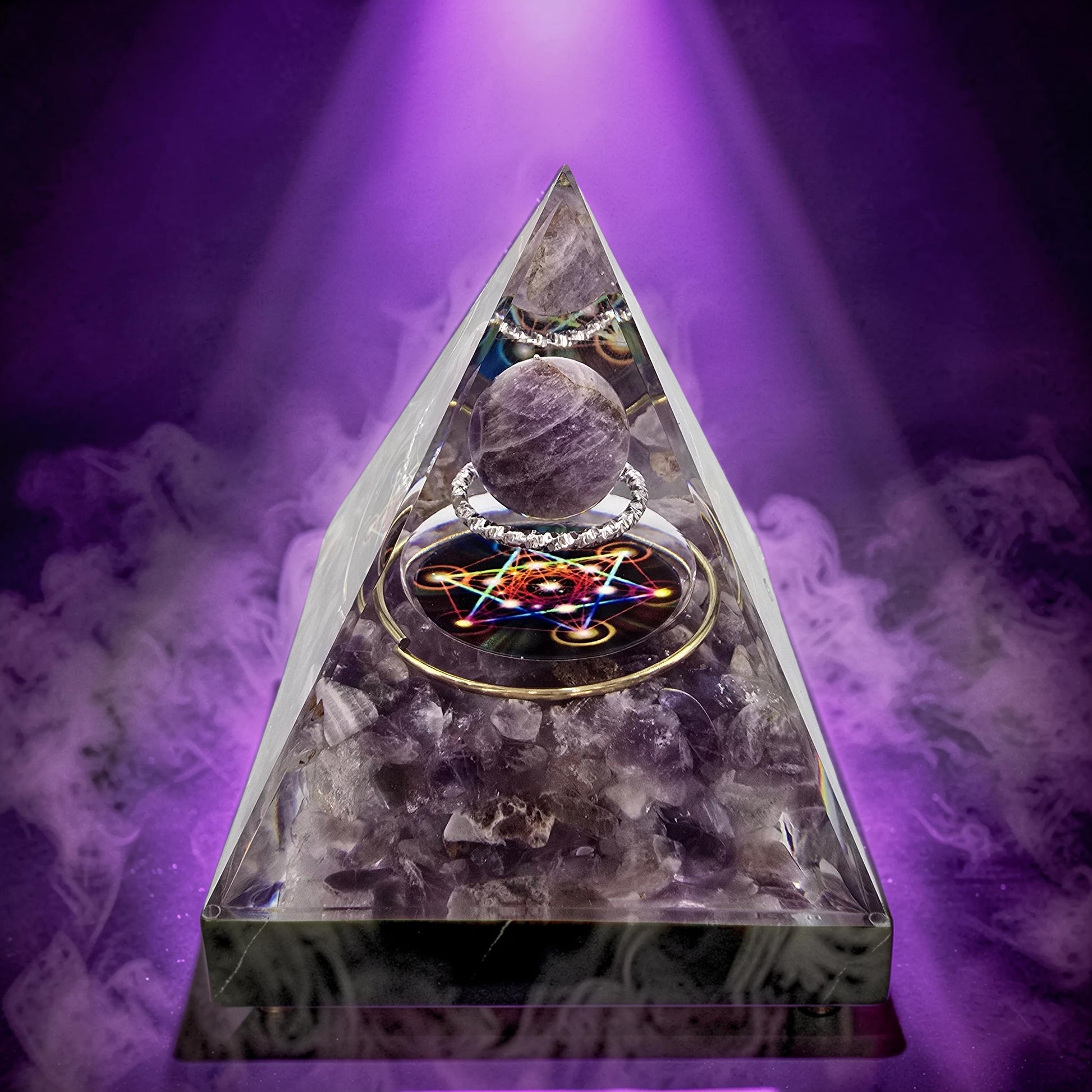 Orgonite Cube de Métatron Pailleté d'Or - Améthyste & Sphère Cristal