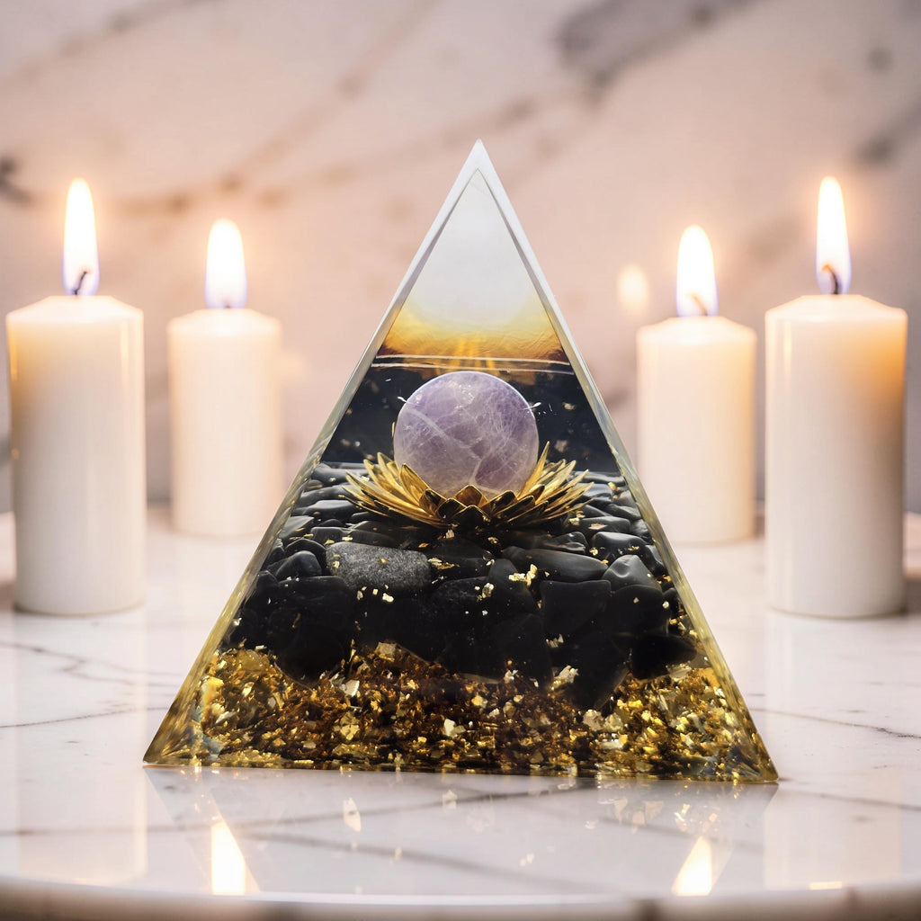 Orgonite Lotus Doré Pailleté d'Or - Améthyste & Obsidienne Noire