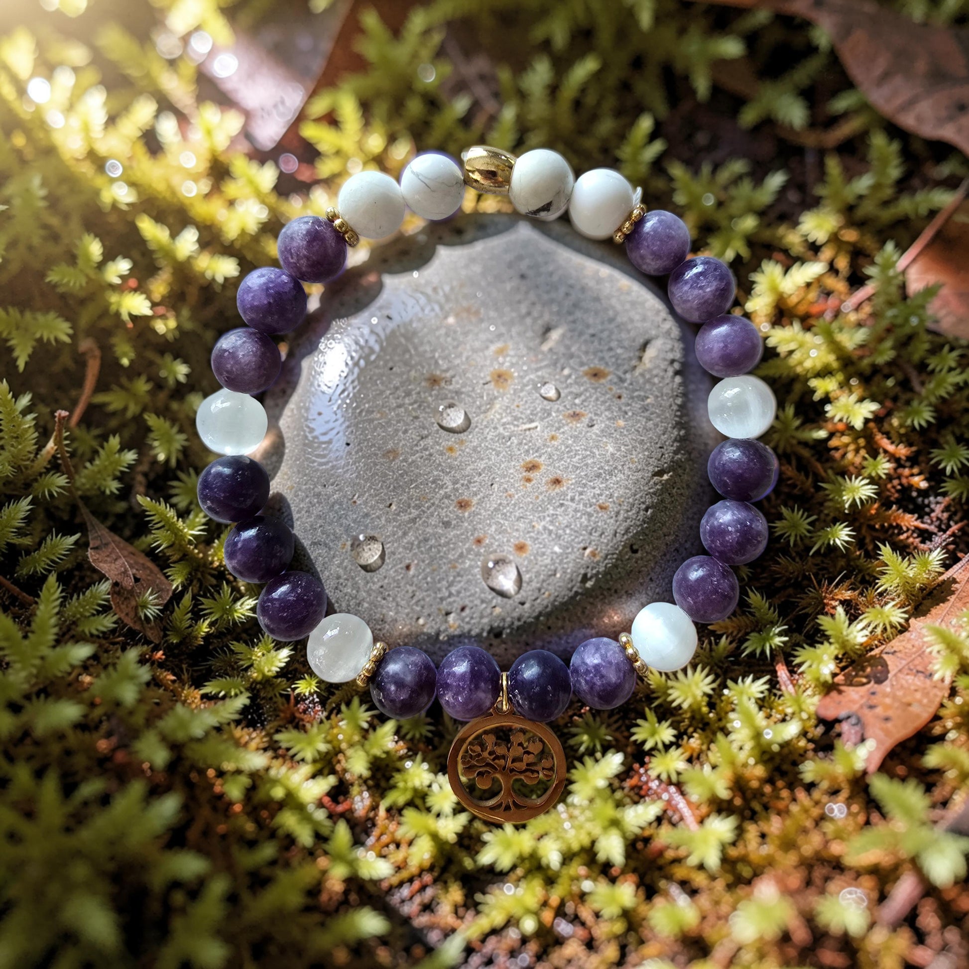 Bracelet Sérénité & Sommeil - Lépidolite, Sélénite & Howlite