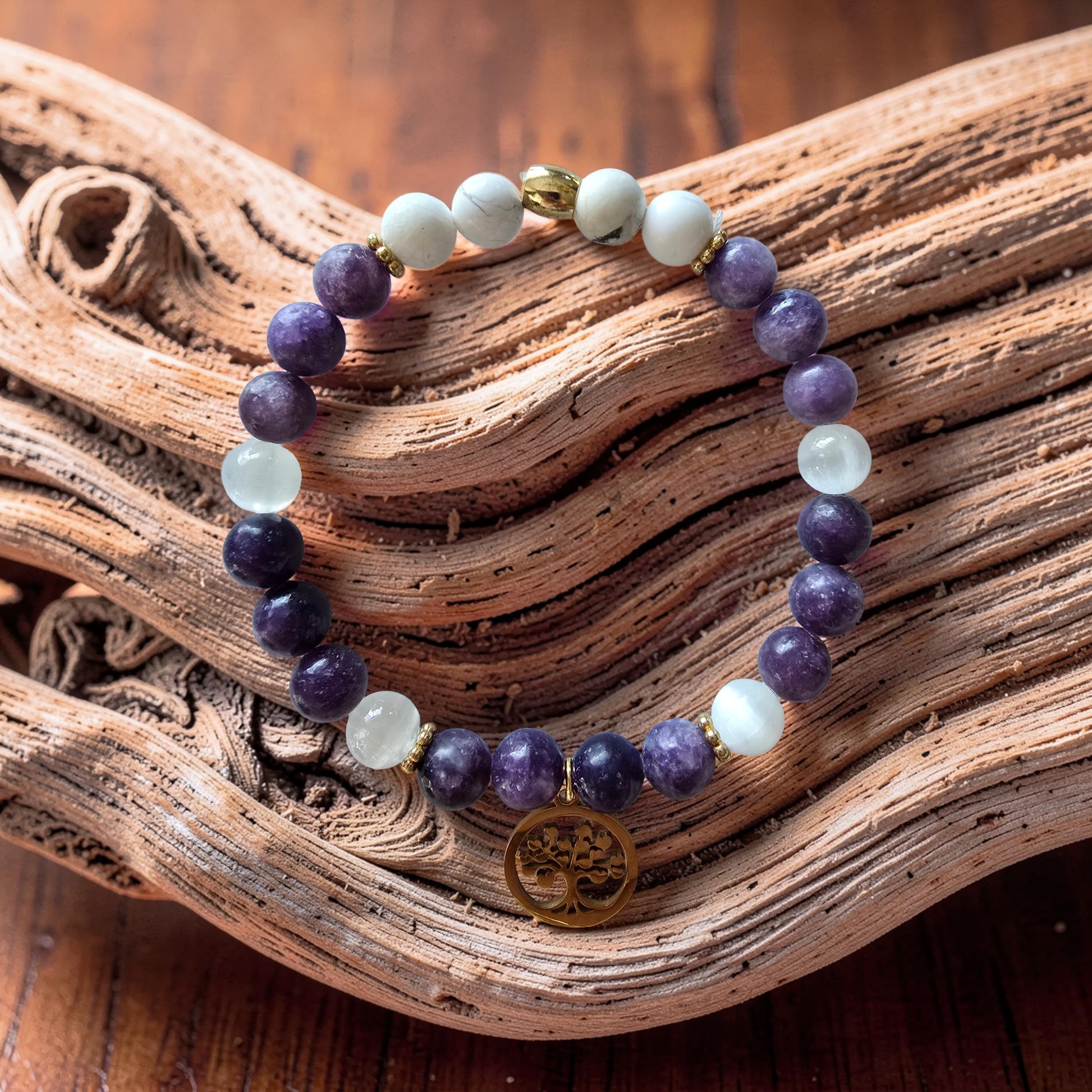 Bracelet Sérénité & Sommeil - Lépidolite, Sélénite & Howlite