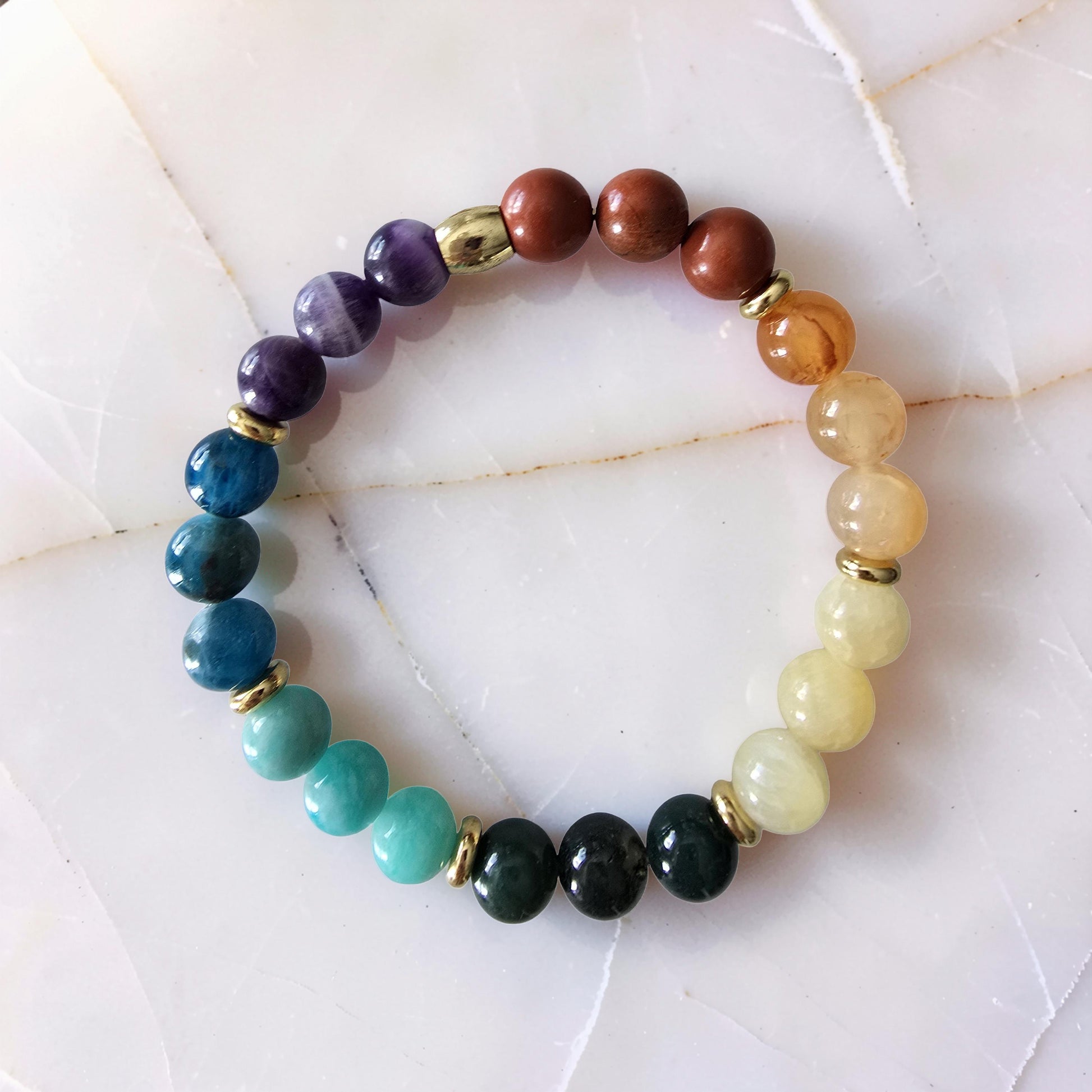 Bracelet 7 Chakras | Jaspe Rouge, Cornaline, Citrine, Agate Mousse, Amazonite, Apatite & Améthyste