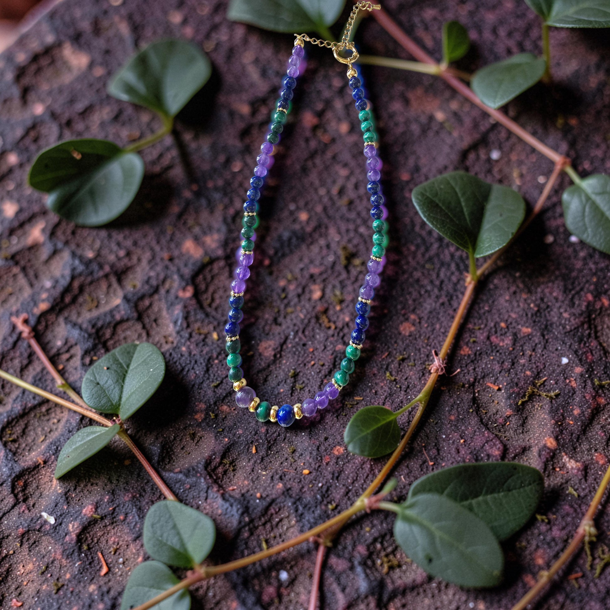 Collier Anti-Douleur — Malachite · Lapis-Lazuli · Améthyste