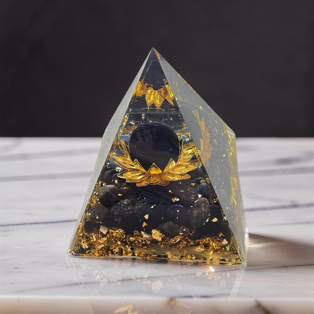 Orgonite Lotus Doré Pailleté d'Or - Sphère Améthyste ou Obsidienne Noire