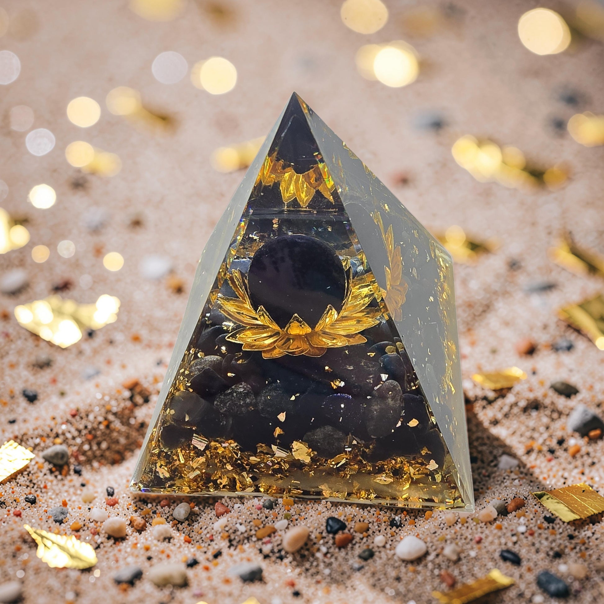 Orgonite Lotus Doré Pailleté d'Or - Sphère Améthyste ou Obsidienne Noire