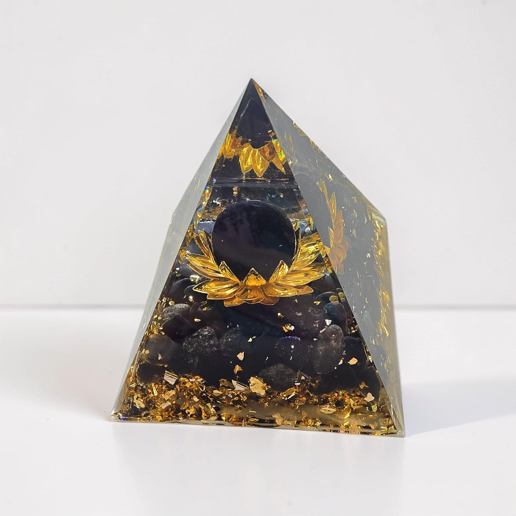 Orgonite Lotus Doré Pailleté d'Or - Sphère Améthyste ou Obsidienne Noire