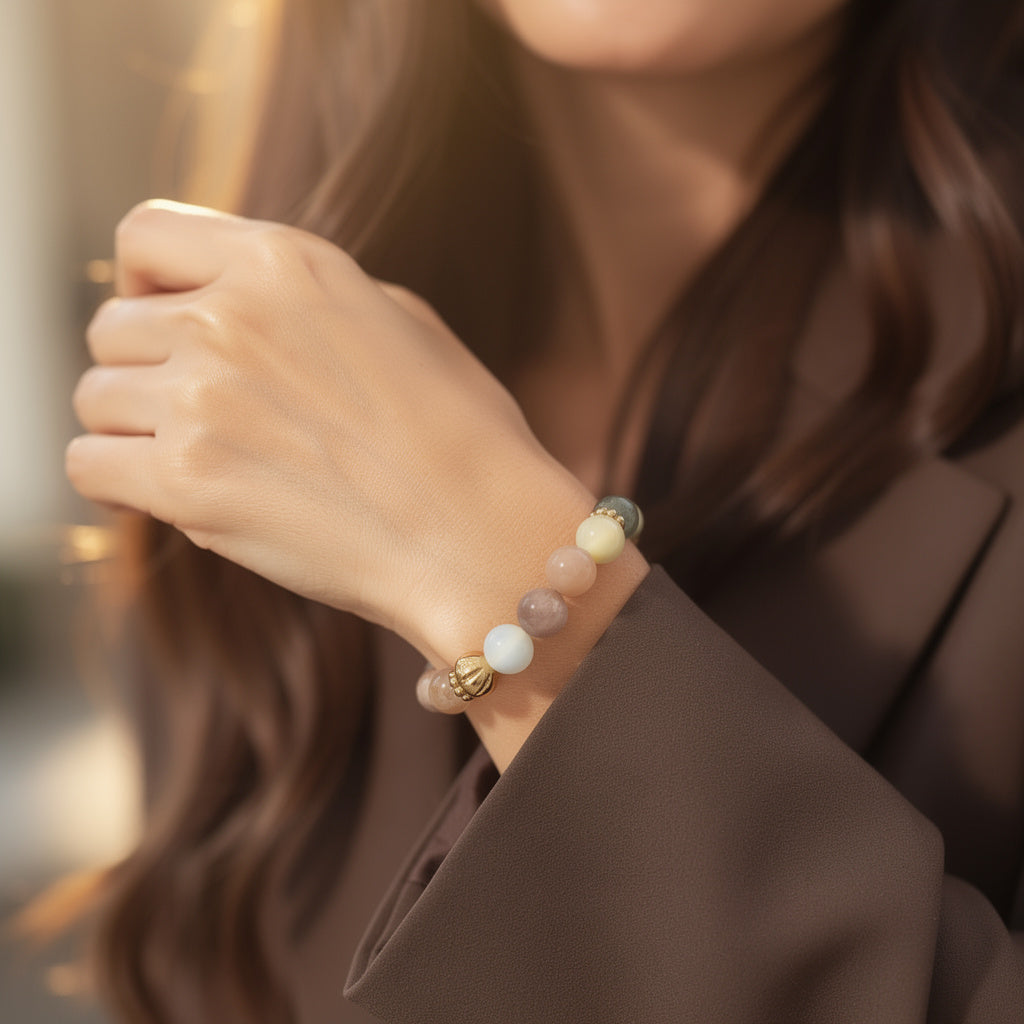 Bracelet SELENE – Nacre & Pierre de Lune Rosée | Douceur, Intuition & Féminité Sacrée