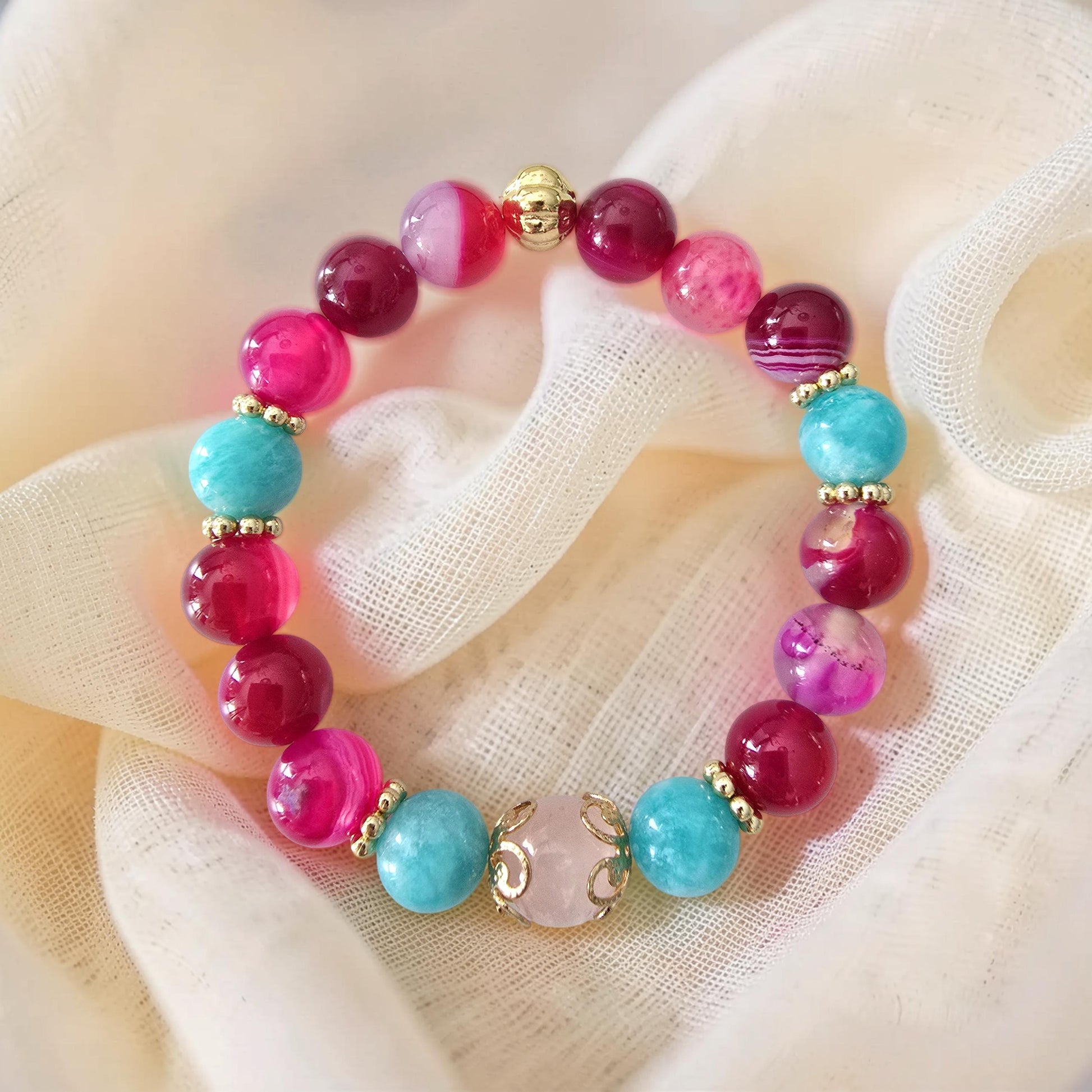 Bracelet AMARA – Quartz Rose, Agate Rose Fuchsia & Amazonite | Amour, Confiance & Sérénité | Or et Âme Bijoux