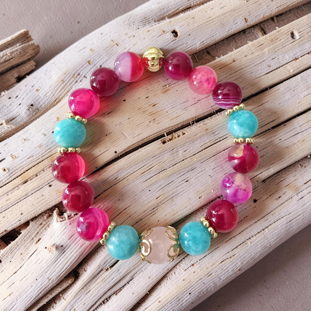 Bracelet AMARA – Quartz Rose, Agate Rose Fuchsia & Amazonite | Amour, Confiance & Sérénité | Or et Âme Bijoux