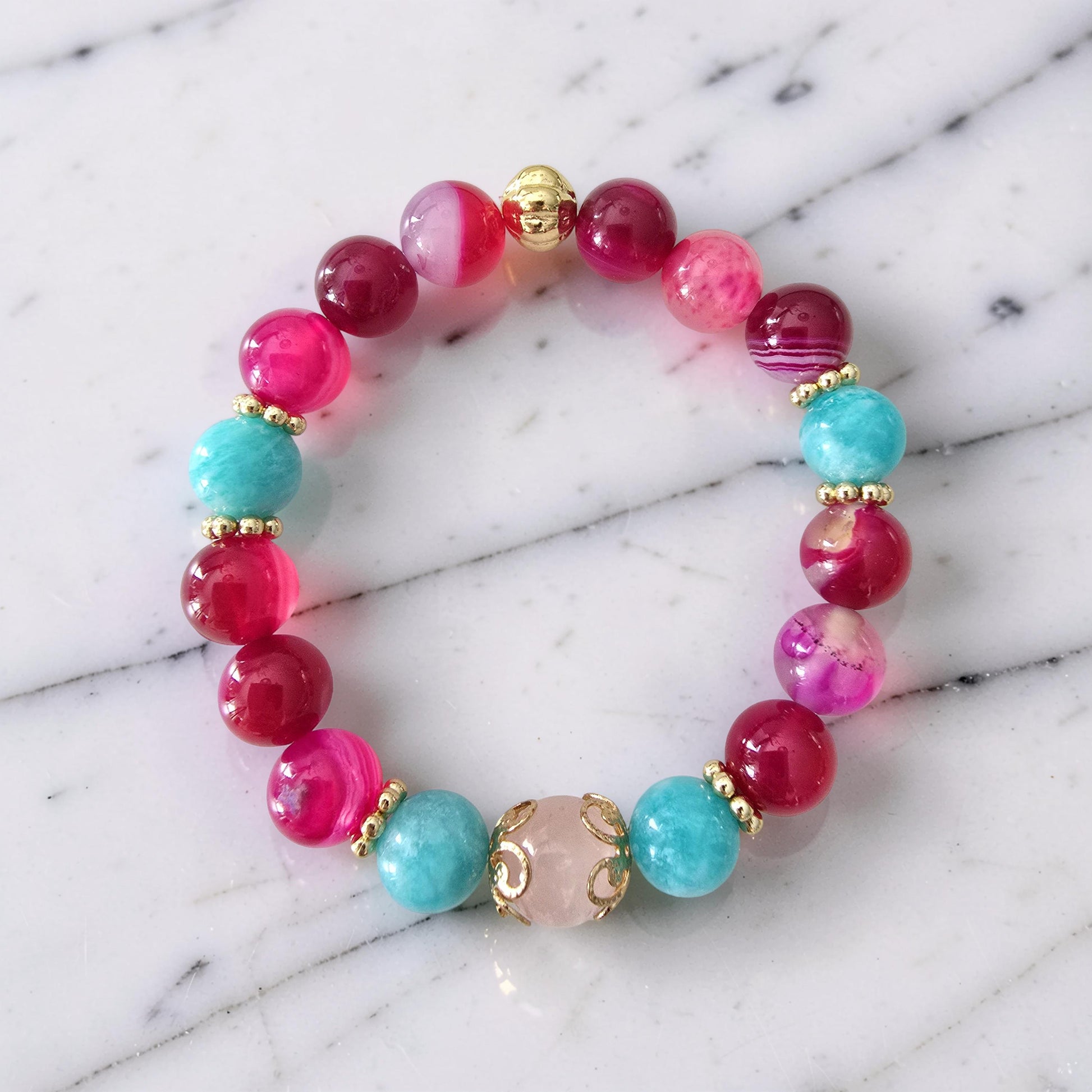 Bracelet AMARA – Quartz Rose, Agate Rose Fuchsia & Amazonite | Amour, Confiance & Sérénité | Or et Âme Bijoux
